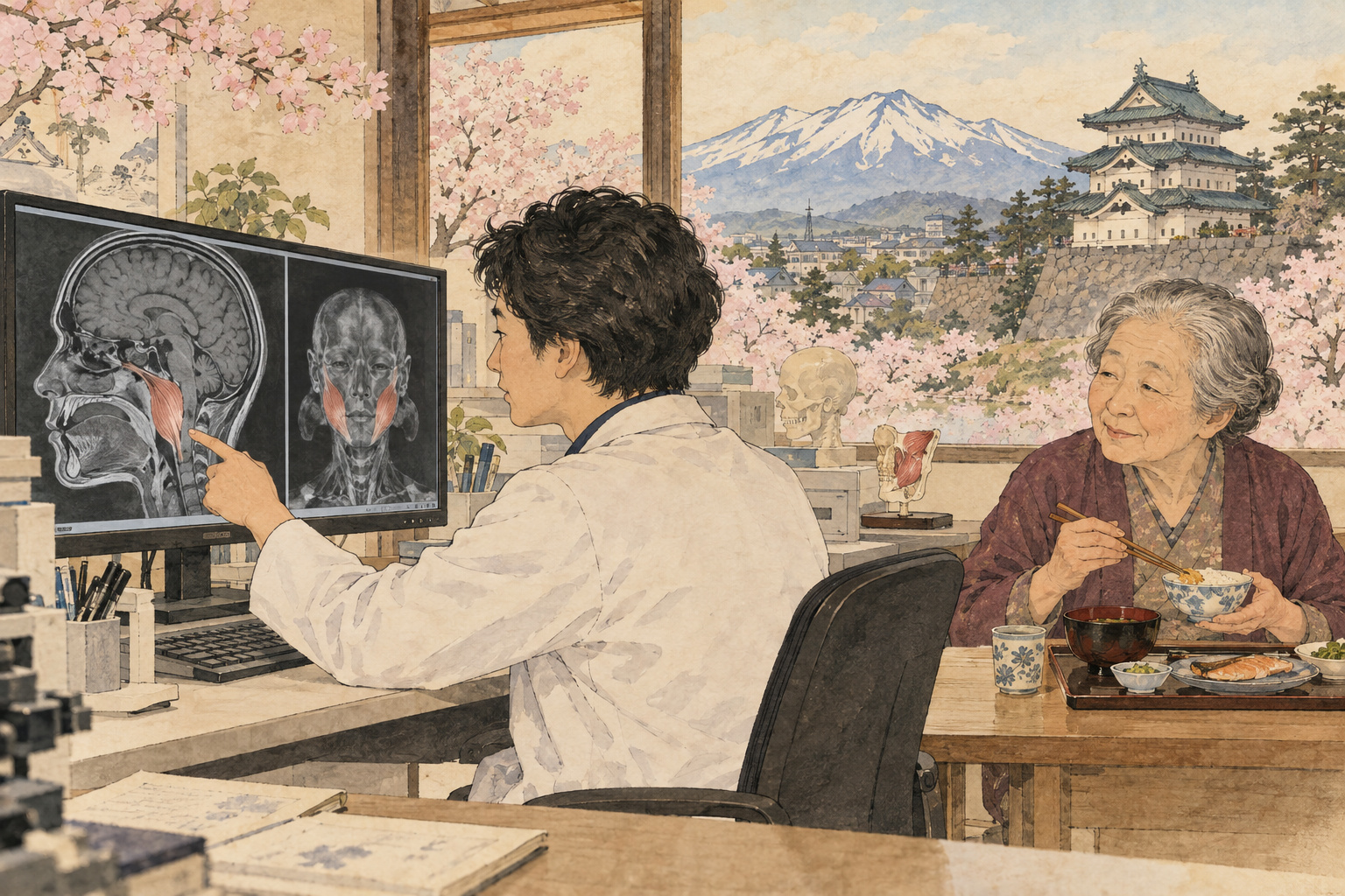 頭部MRIを調べる研究者と高齢者を描いた概念イラスト