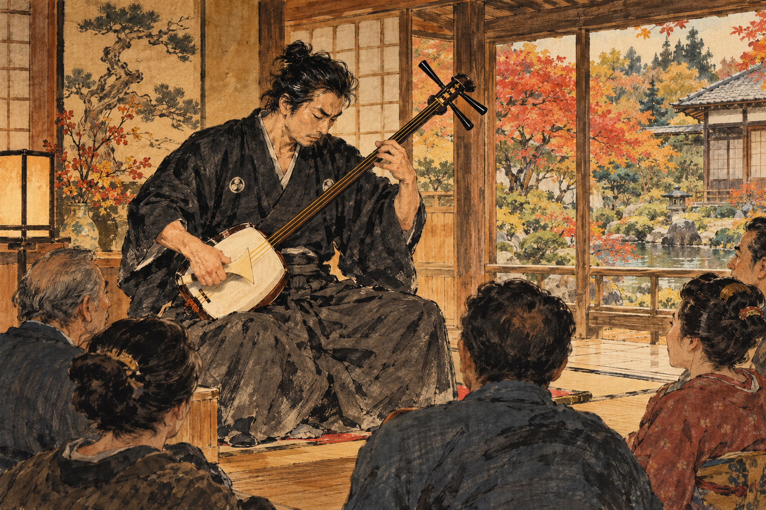 金木の木造の部屋で津軽三味線を演奏する人物を描いたイメージ