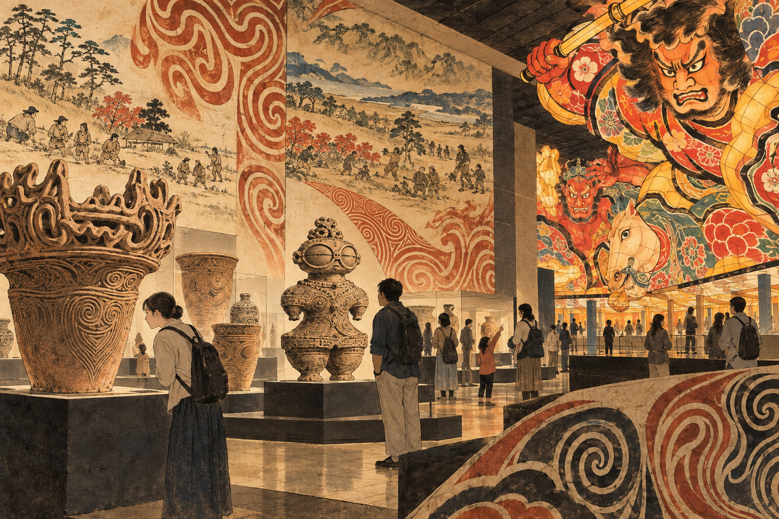 土器や土偶、ねぶたを思わせる造形を鑑賞する来館者の概念イラスト