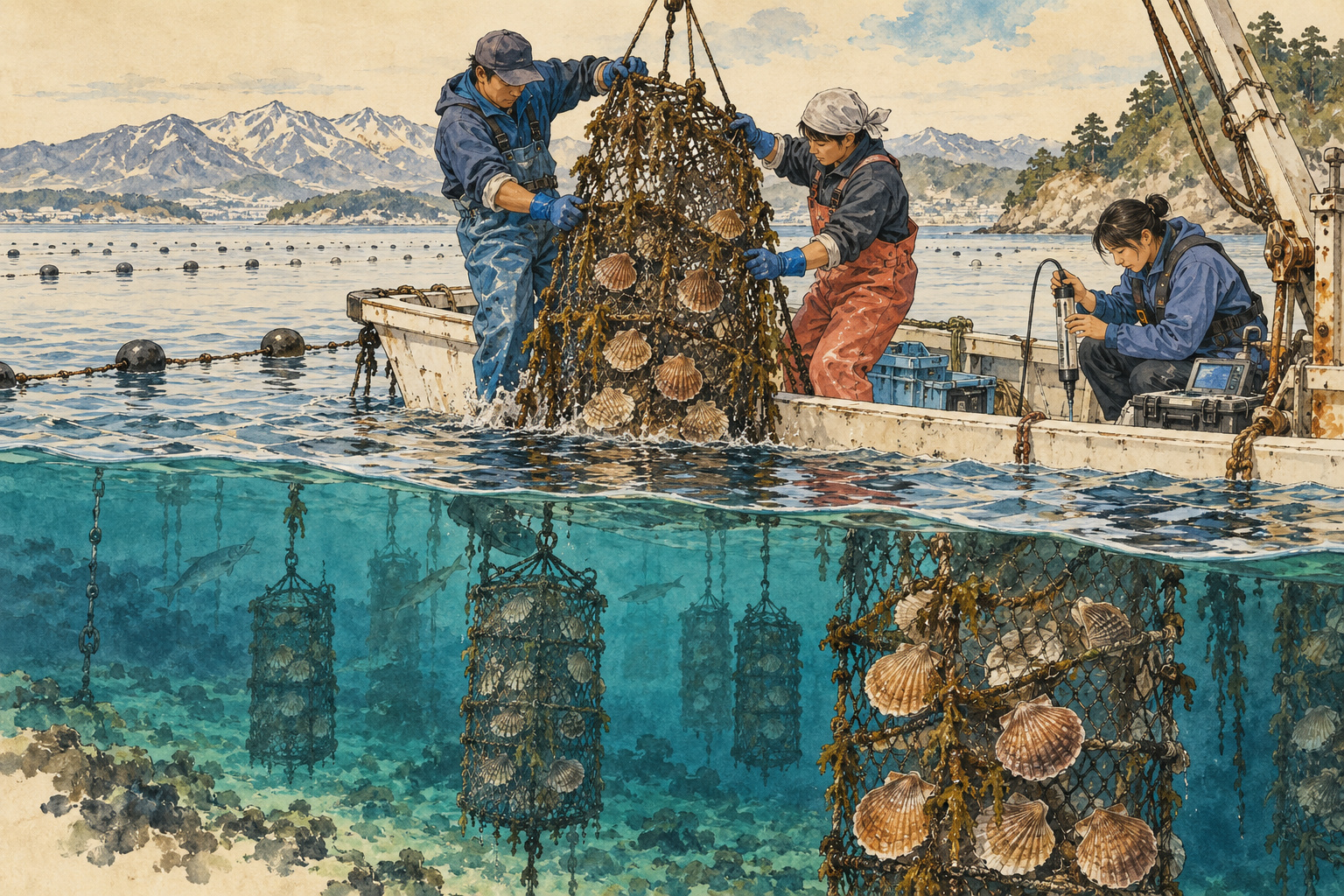 ホタテ養殖の作業と水質観測を、海中のかごとともに描いた概念イラスト