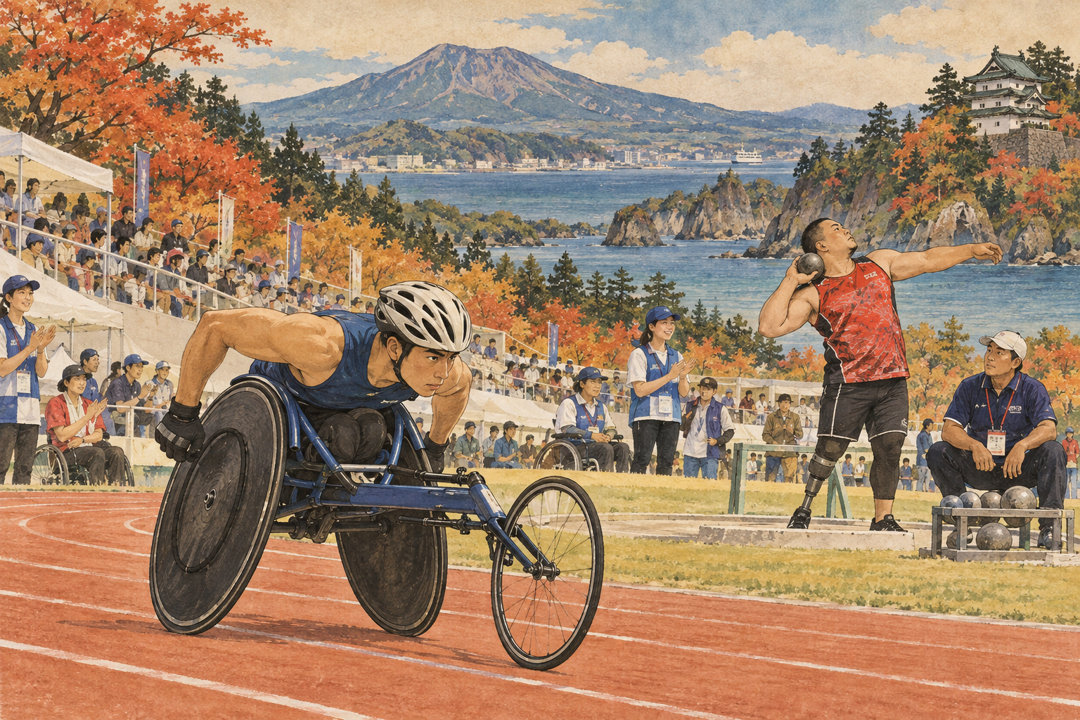 競技用車いすの選手と投てきの選手が、コーチやボランティアとともに準備する様子を描いたイラスト