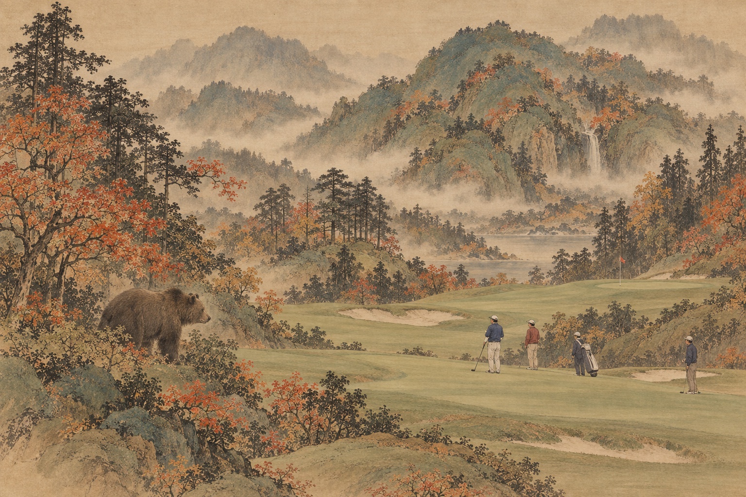 AI editorial illustration inspired by Tani Bunchō, showing bears near a golf fairway in Aomori.