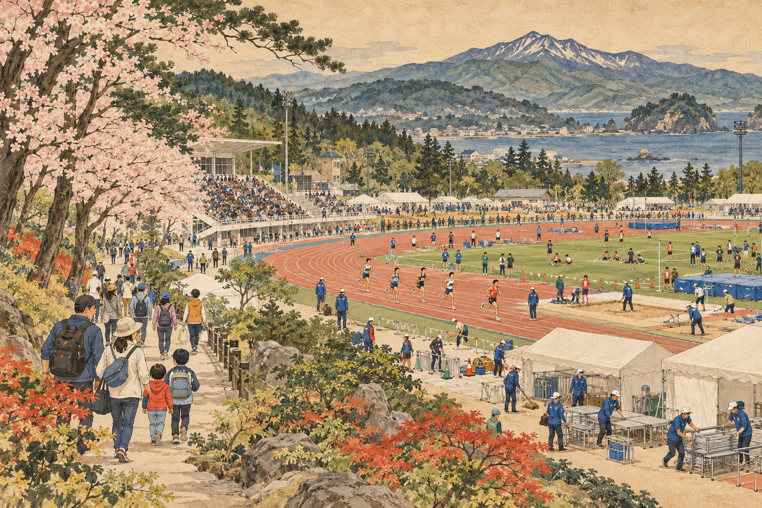 青森のスポーツ会場で選手が練習し、ボランティアや家族が集まる様子を描いたイラスト
