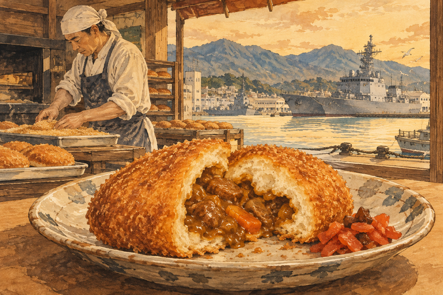 大湊の港とカレーパンを組み合わせた青森の食文化を表す編集用イラスト