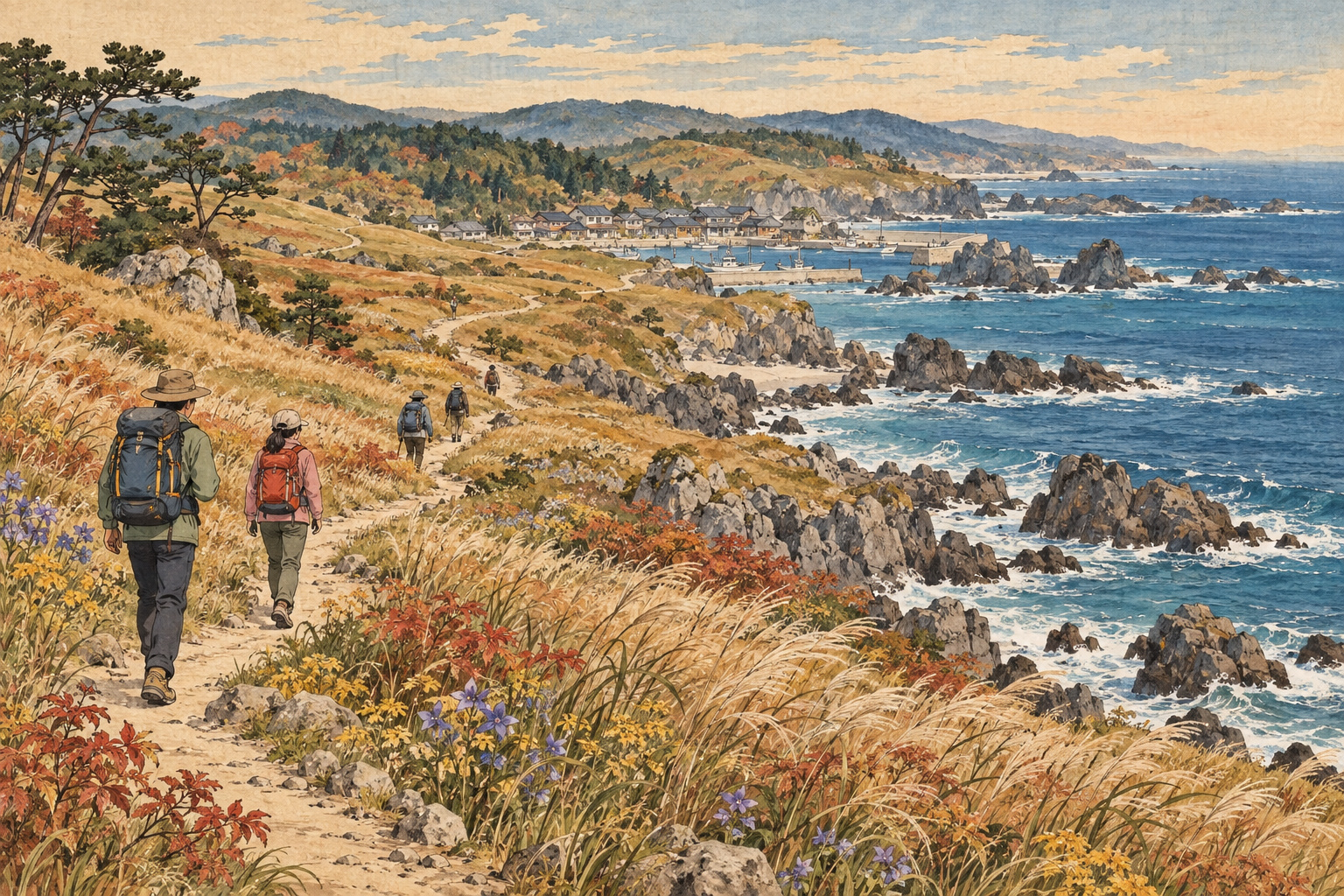 種差海岸の草地と岩場を望む道を歩く人々を描いたイラスト