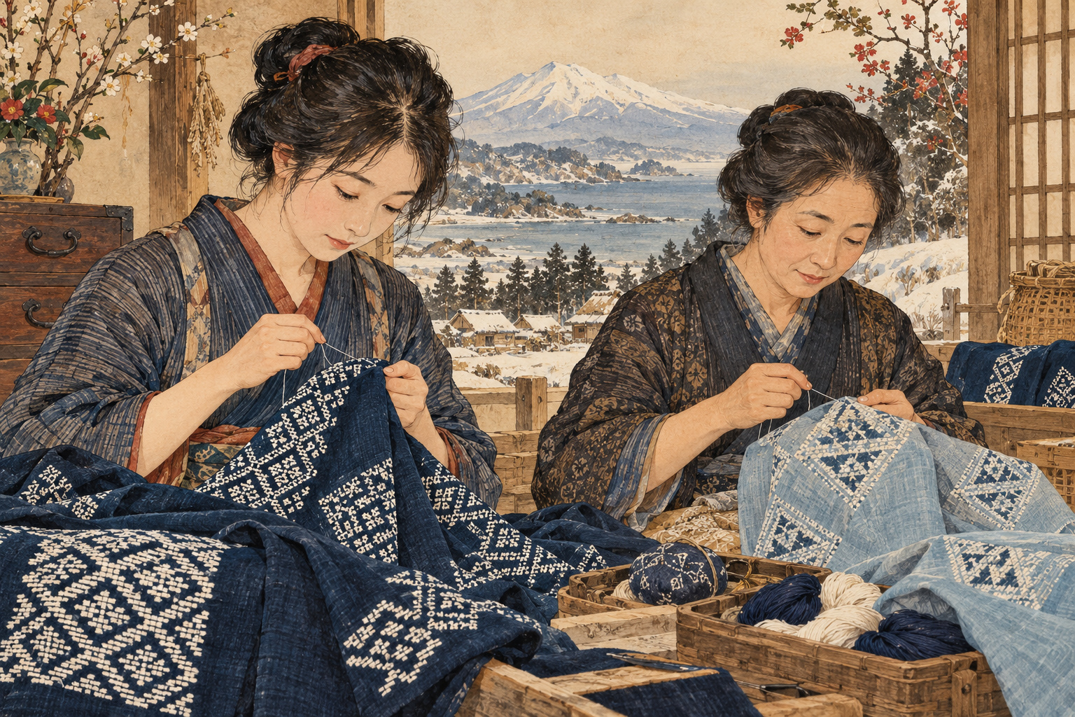 藍色と淡い青色の布にこぎん刺しと菱刺しを施す二人の作り手の概念イラスト