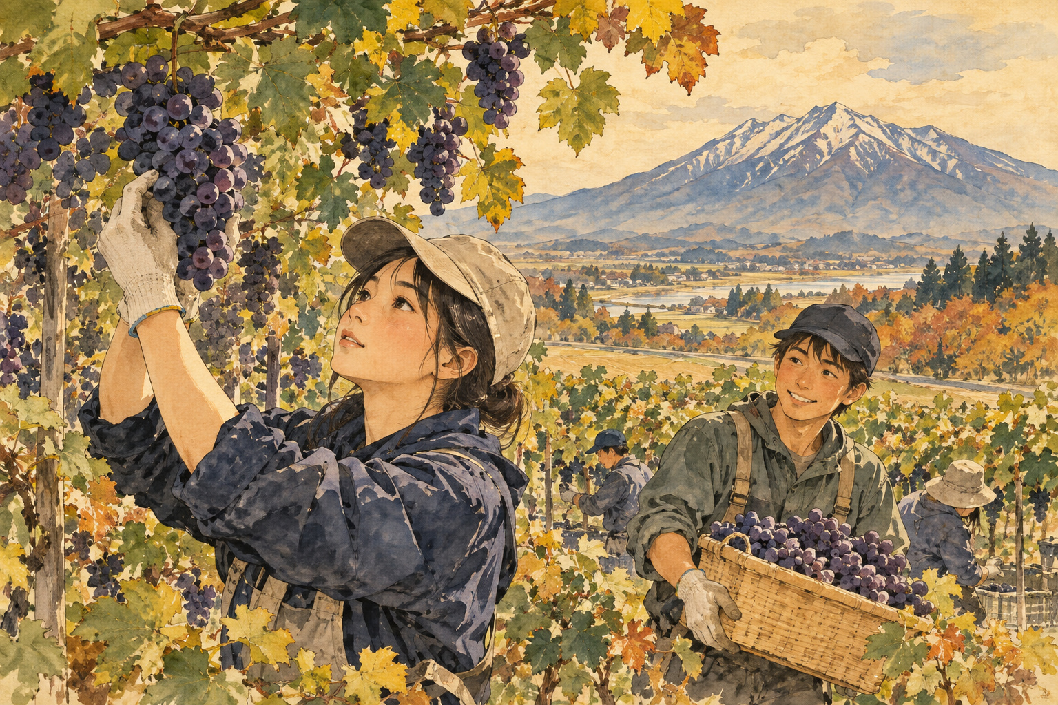 岩木山を背景に紫色のぶどうを収穫する若い生産者を描いたイラスト