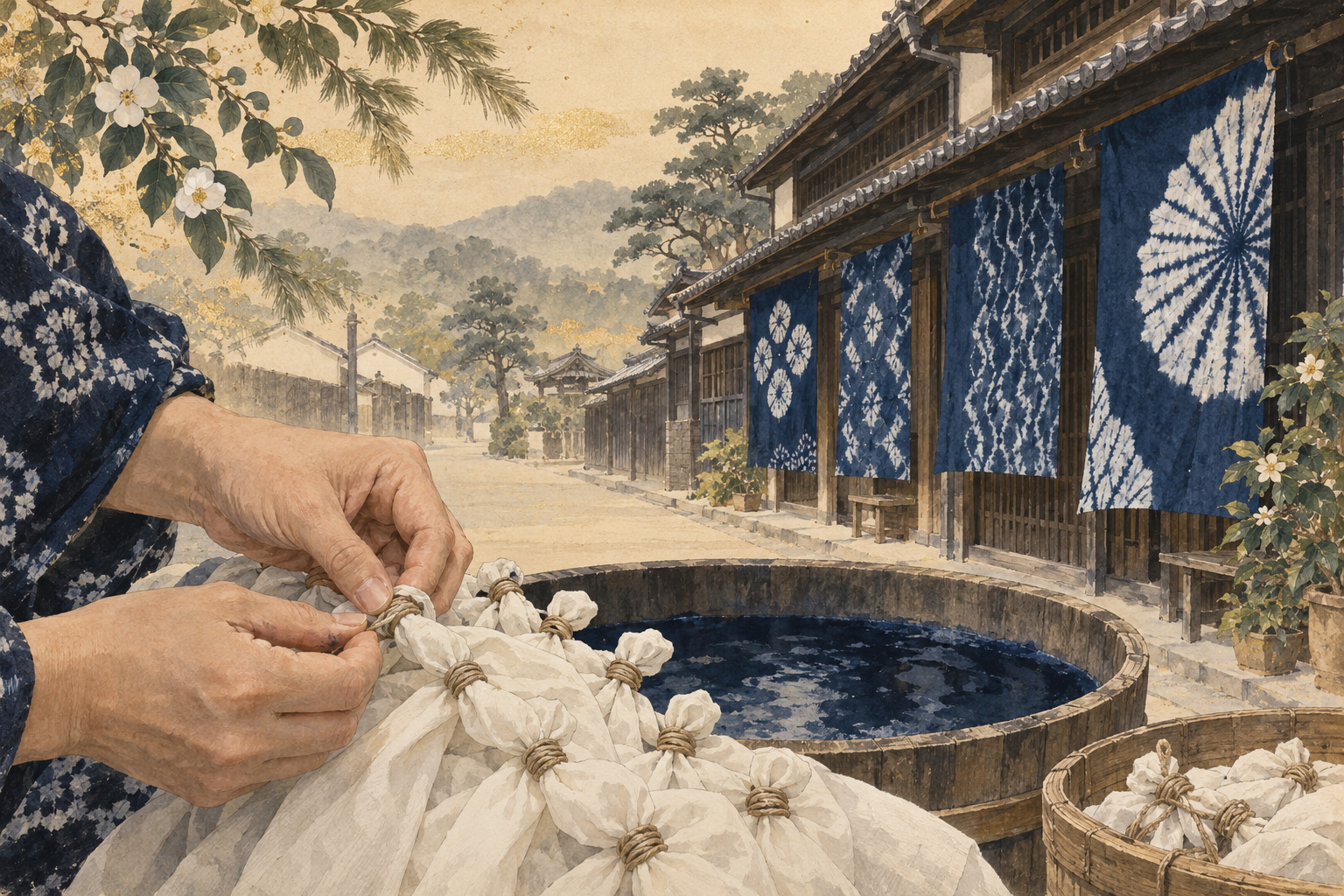 Ink-wash illustration of hands binding cloth beside merchant houses hung with blue patterned textiles