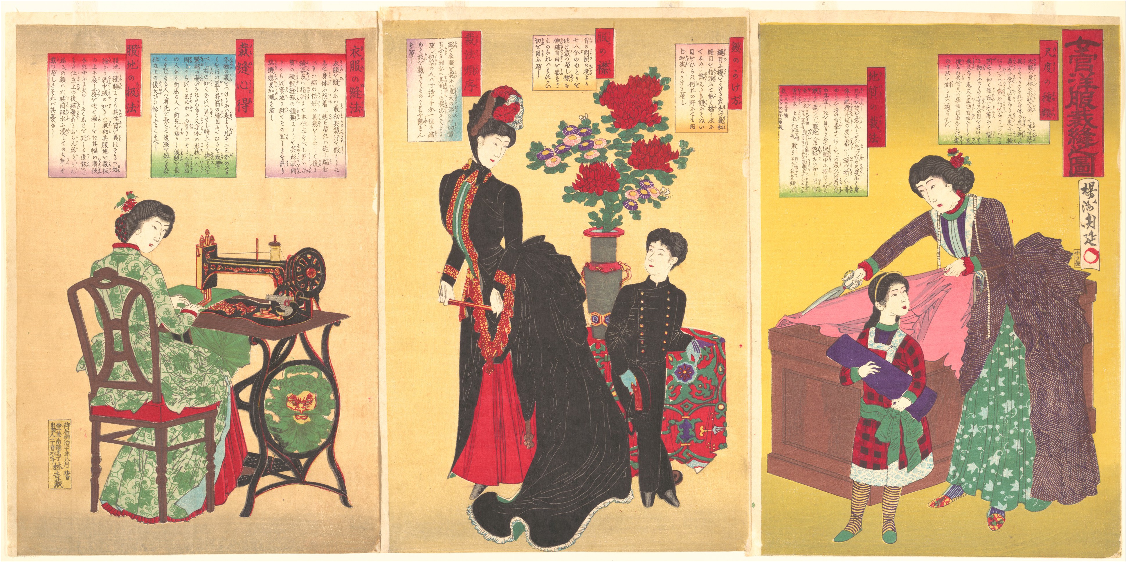 Yōshū Chikanobu, Court Ladies Sewing Western Clothing (1887), public-domain historical woodblock triptych
