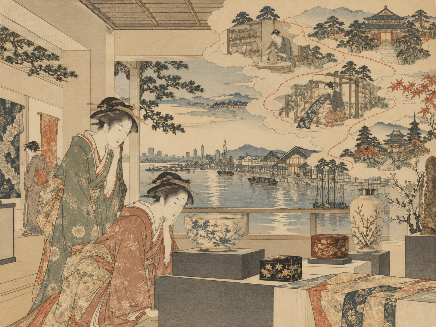 Kubo Shunman-inspired editorial illustration linking a Tennoz gallery to workshops and temples