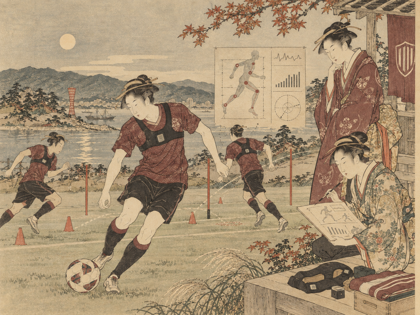 Kubo Shunman-inspired editorial illustration of young footballers undergoing movement analysis