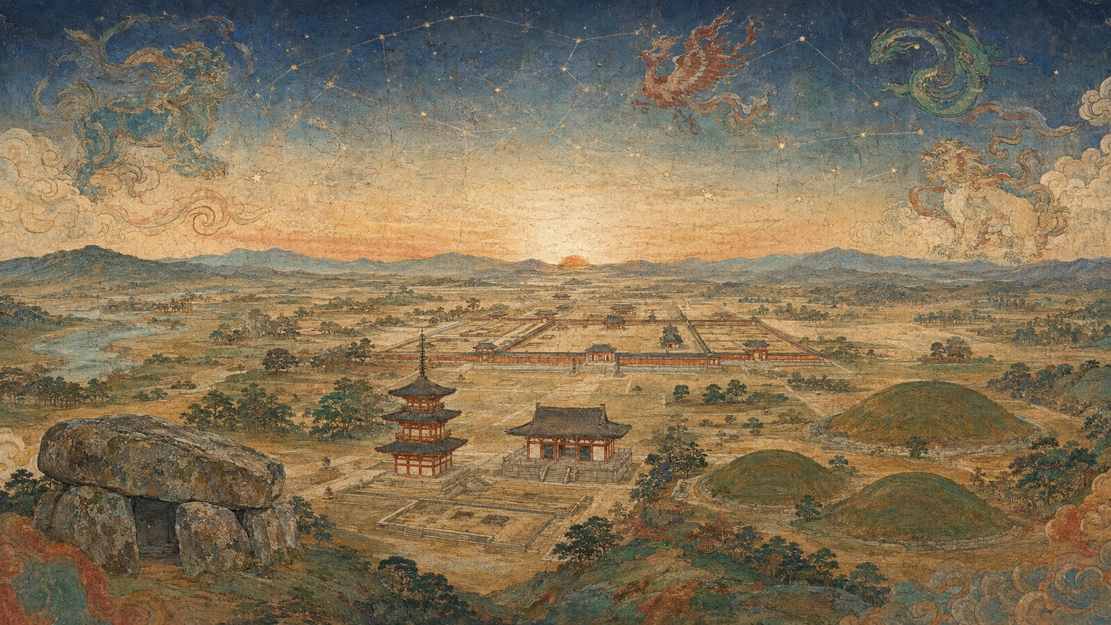 飛鳥と藤原京の宮殿、寺院、古墳を描いた歴史イラスト