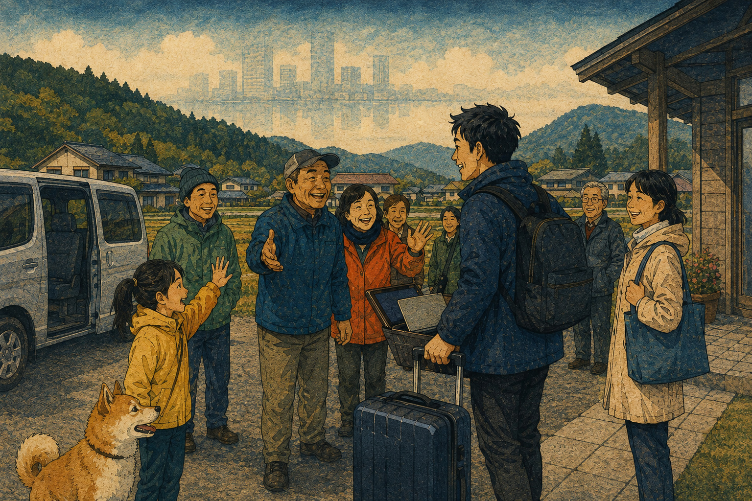 Atsuma residents welcome a dual-location worker carrying a suitcase and laptop outside a rural community hub in a Hirosada-inspired editorial illustration