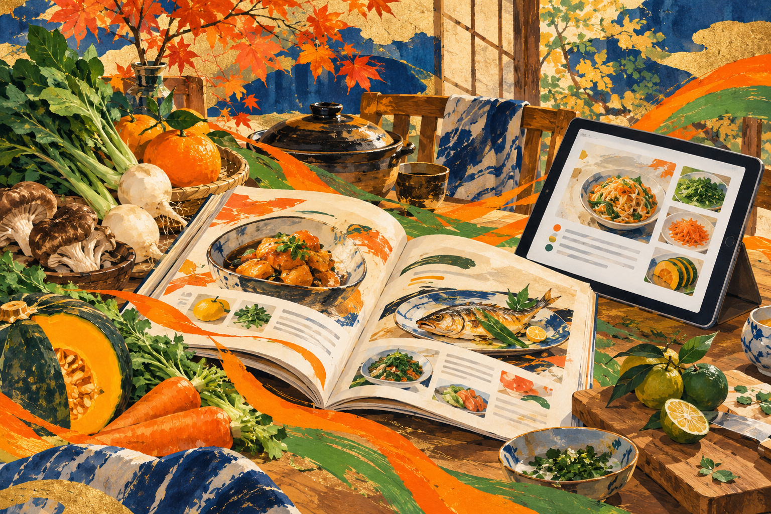 料理雑誌、季節の食材、レシピ画面のタブレットが家庭の食卓に並ぶイラスト