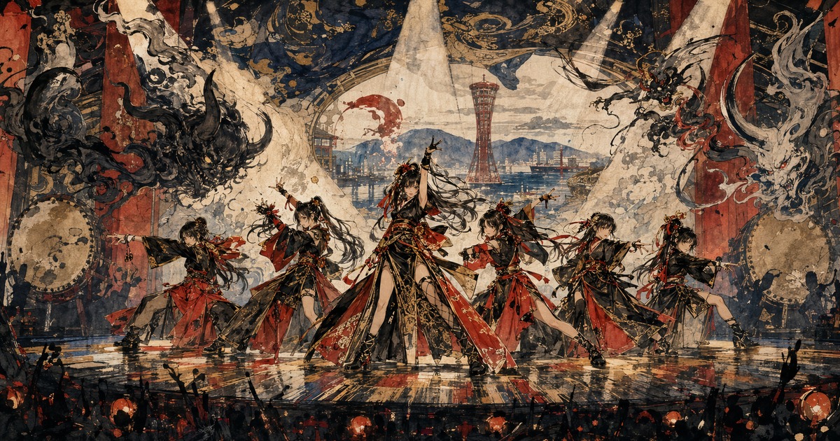 A Kawanabe Kyōsai-inspired theater scene of BABYMONSTER racing across a Fukuoka stage before an ecstatic audience