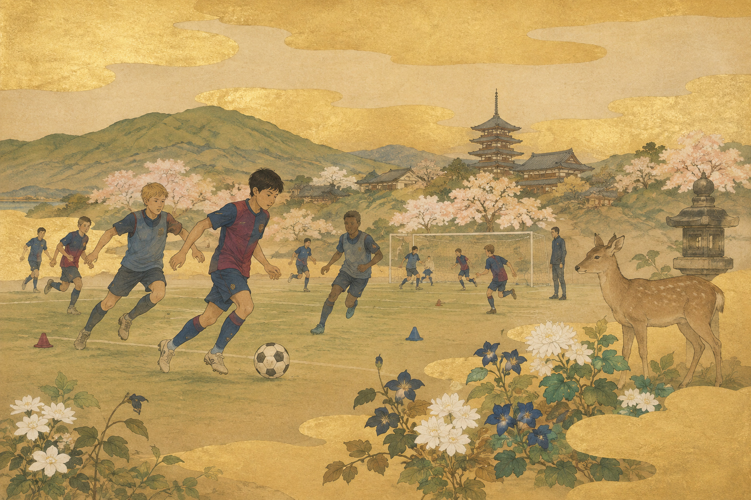 Editorial illustration of young footballers training on a future academy campus in Kawanishi, Nara, combining elite international development with the local landscape
