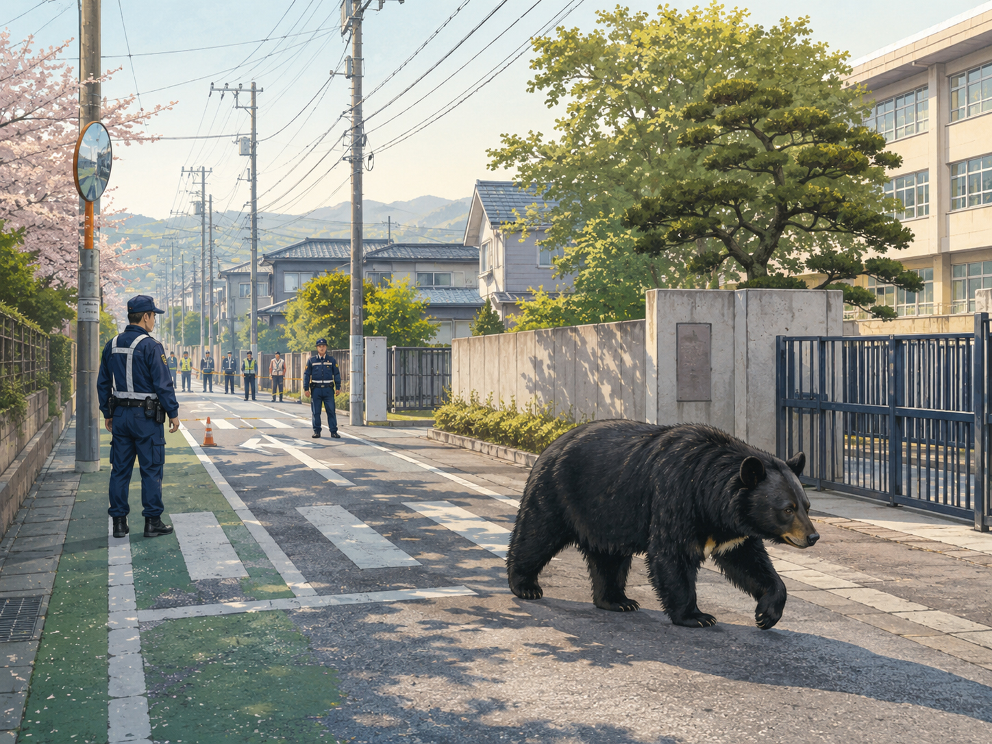 日本の学校近くの道路に現れたクマと警戒する関係者