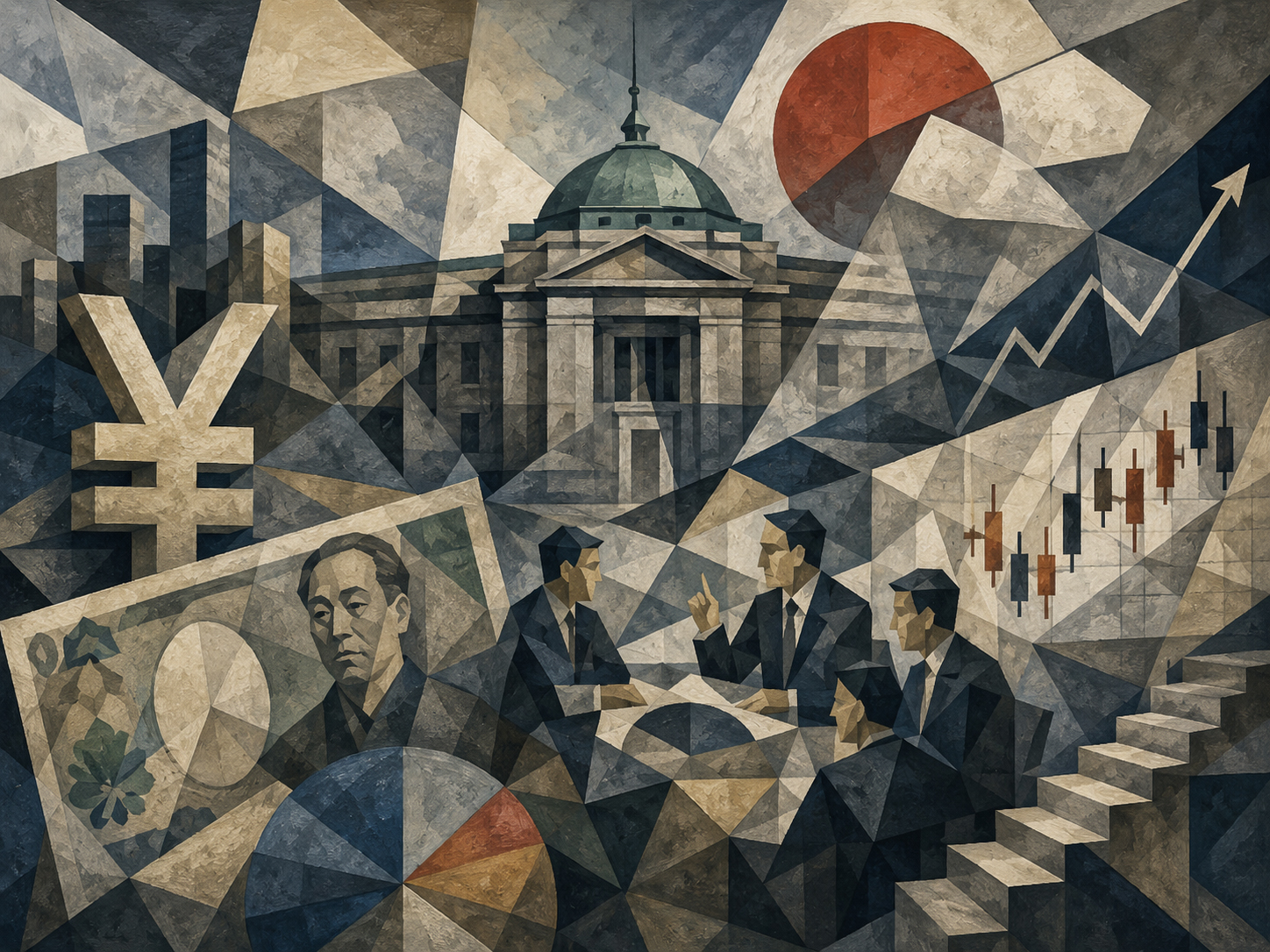 A cubist monetary-policy allegory of the Bank of Japan, the yen, charts and a divided policy table.