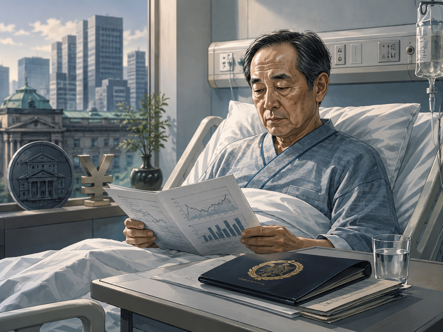 病室で金融政策資料を読む日本の中央銀行総裁風の人物と東京の金融街