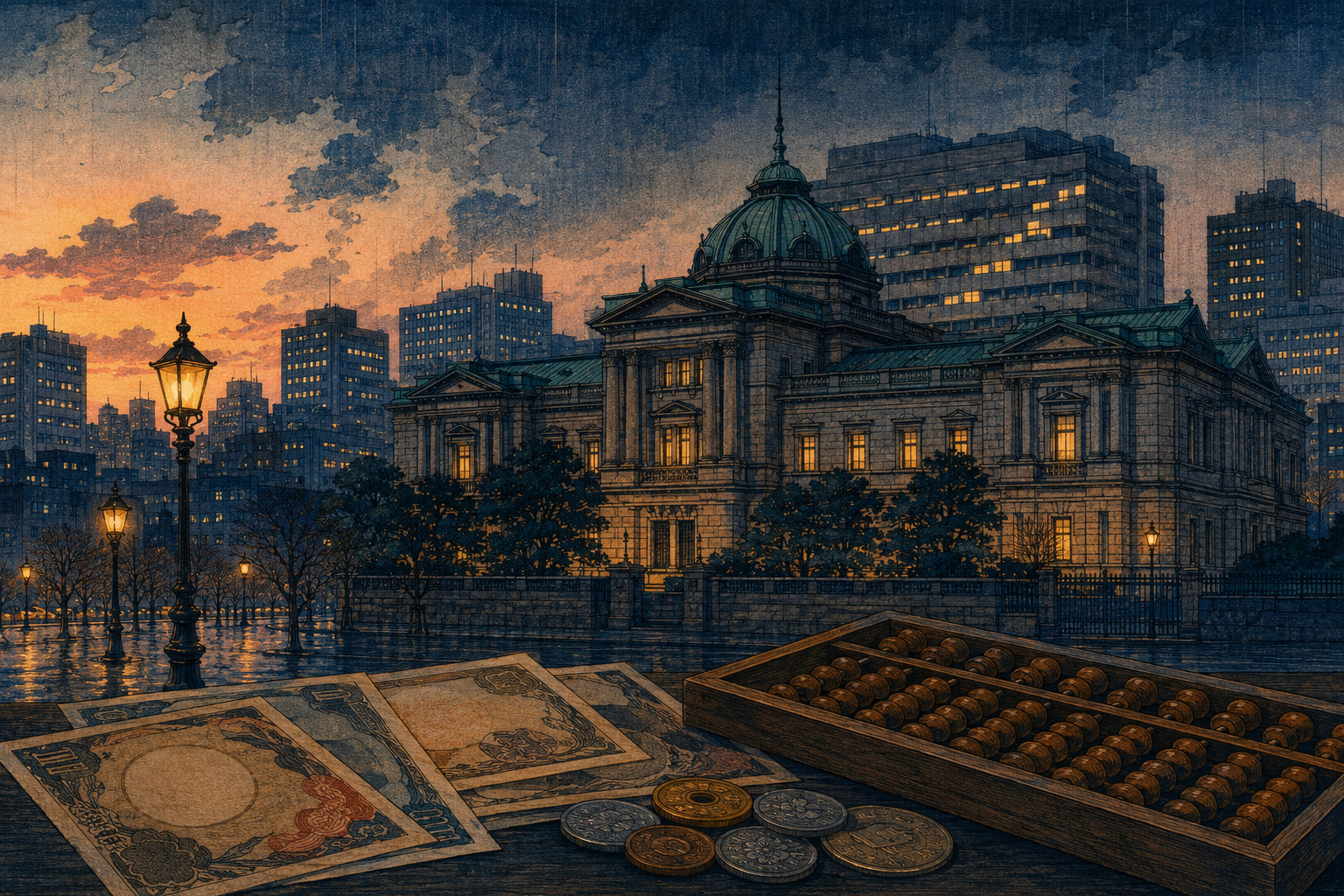 Editorial illustration of the Bank of Japan, yen notes and a restrained upward line