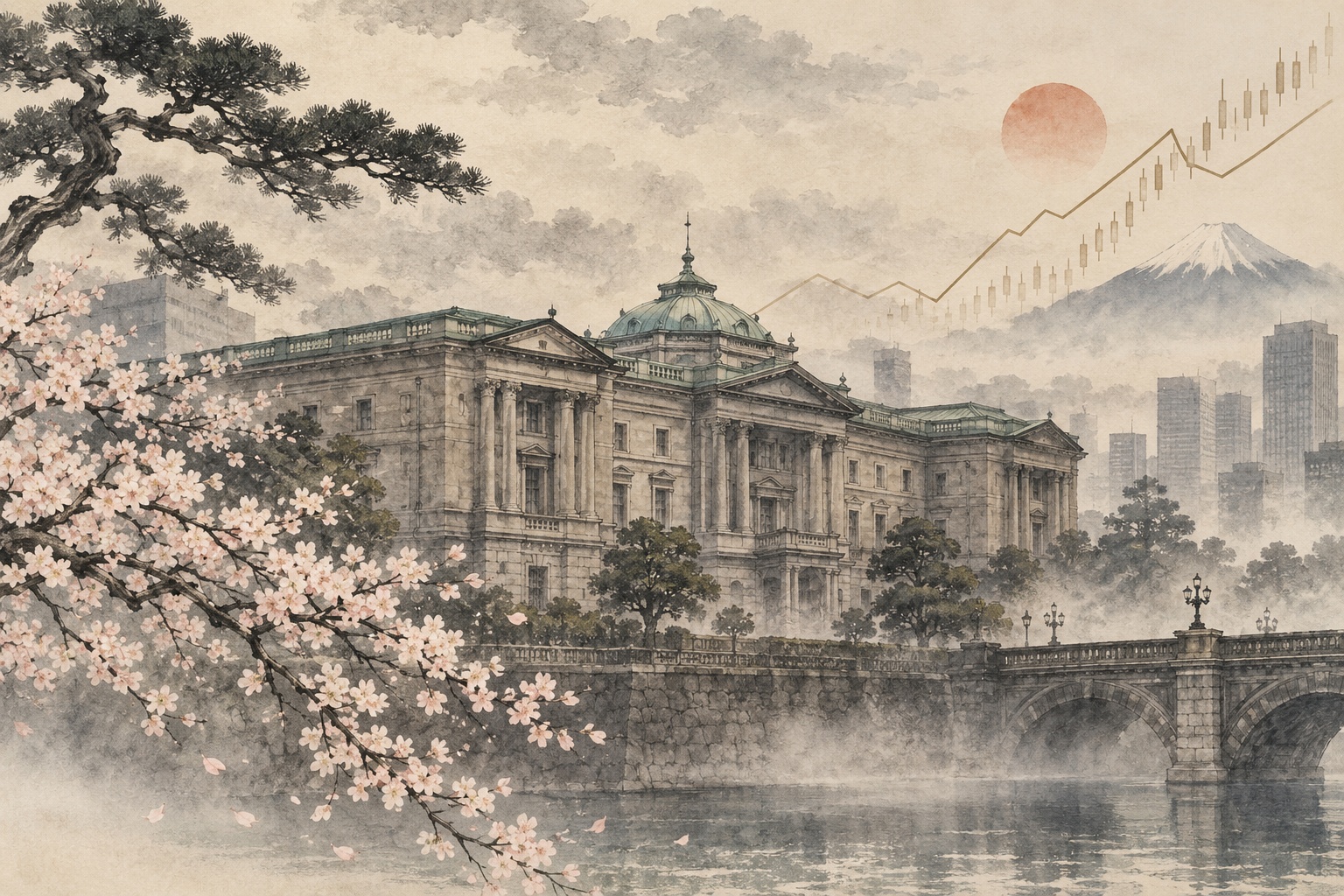 AI editorial illustration inspired by Tani Bunchō, linking the Bank of Japan, the yen, homes and companies.