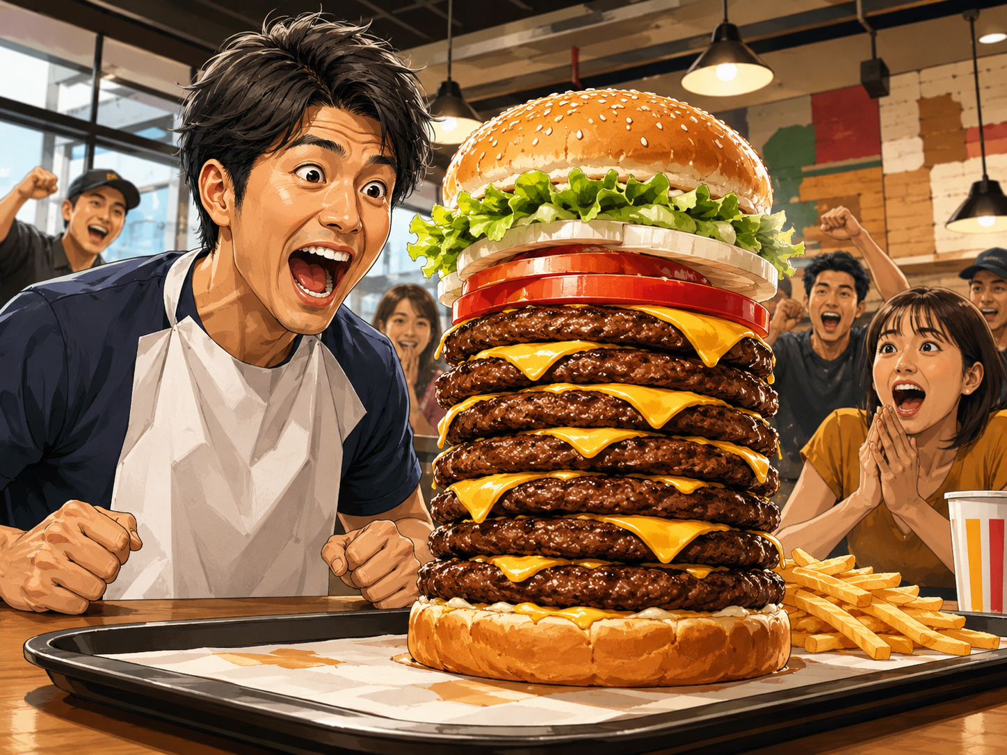 バーガーキング日本、ワンパウンダー食べ放題挑戦へのイラスト