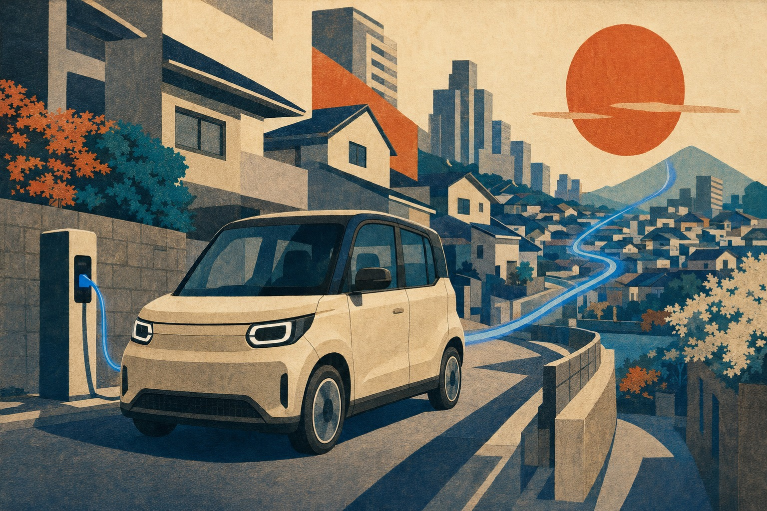 日本の軽自動車市場へ入るBYD RACCOを描いた報道イラスト