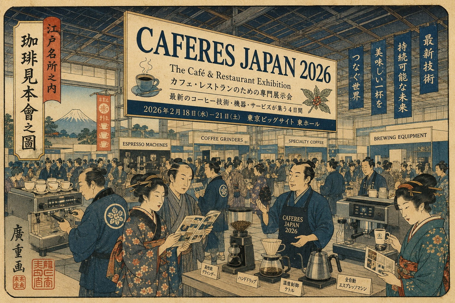 浮世絵風の東京ビッグサイト展示会場で、全自動コーヒーマシン、バリスタ、セルフ注文端末、豆の保管容器が共存する未来のカフェ技術を描いたイメージ。