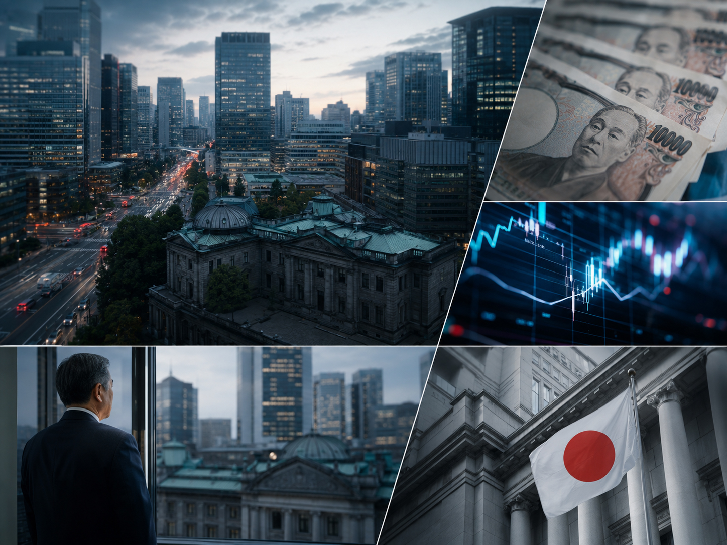 円相場、東京金融市場、日銀政策への圧力を描いたJapan.co.jpのイラスト
