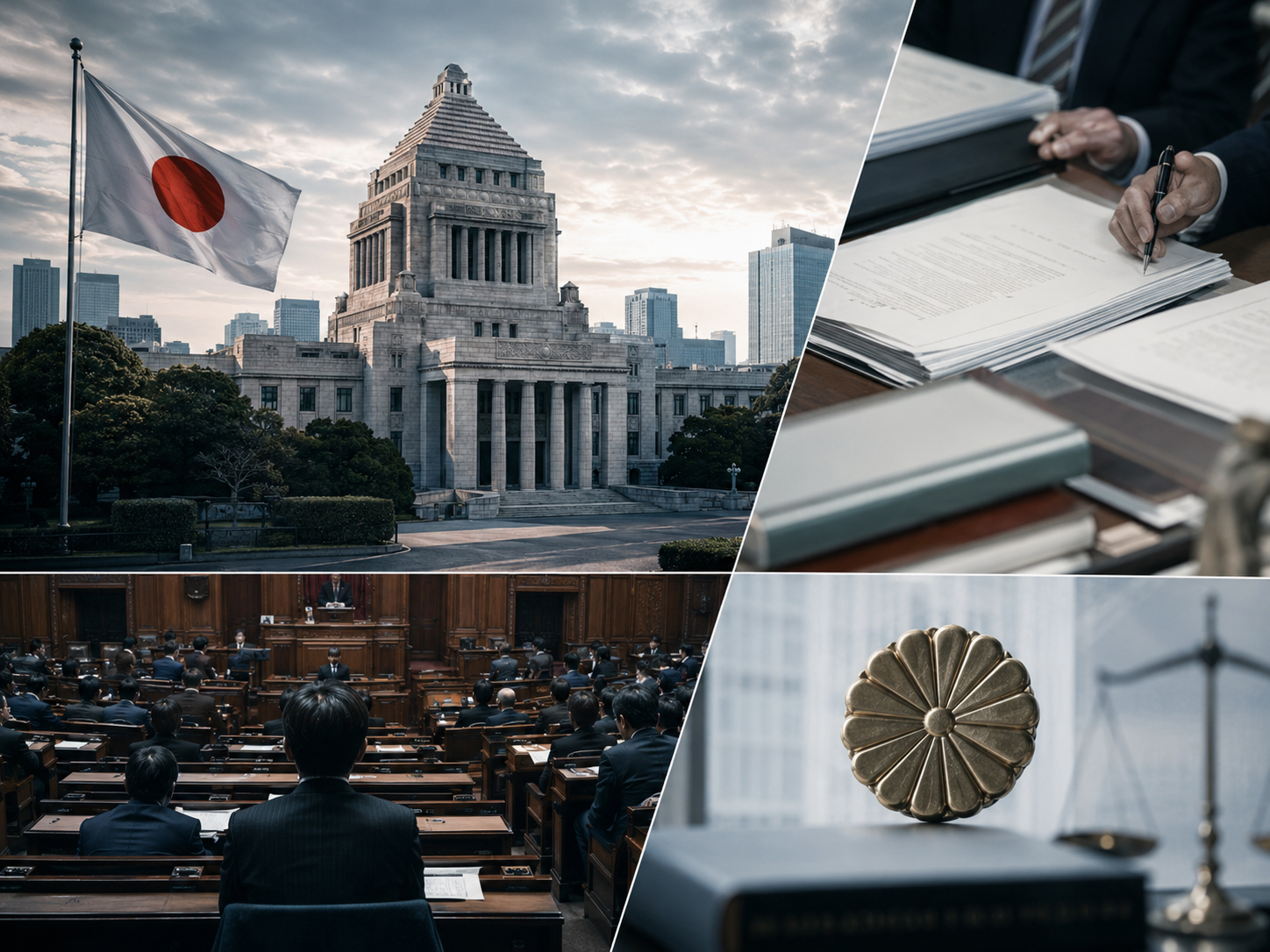Editorial illustration of Japan’s National Diet, official documents, and symbolic institutional imagery.