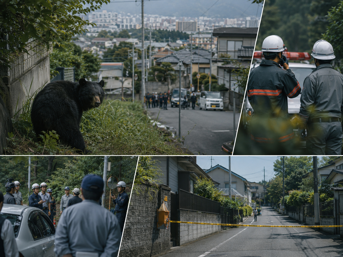 Editorial illustration of a black bear near a Japanese neighborhood with emergency responders and caution tape.