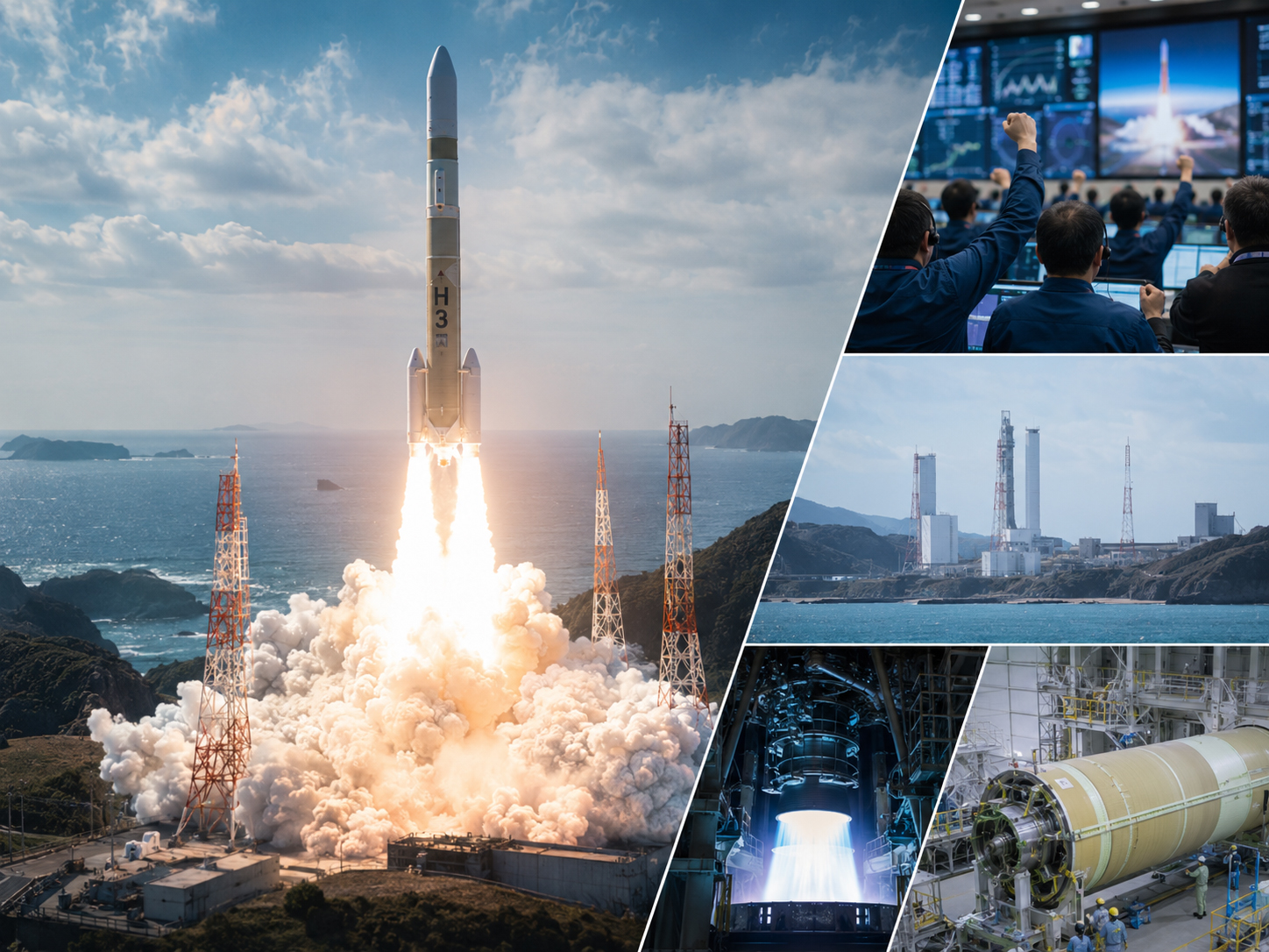 Editorial illustration of a Japanese H3-style rocket launch from a coastal space center.