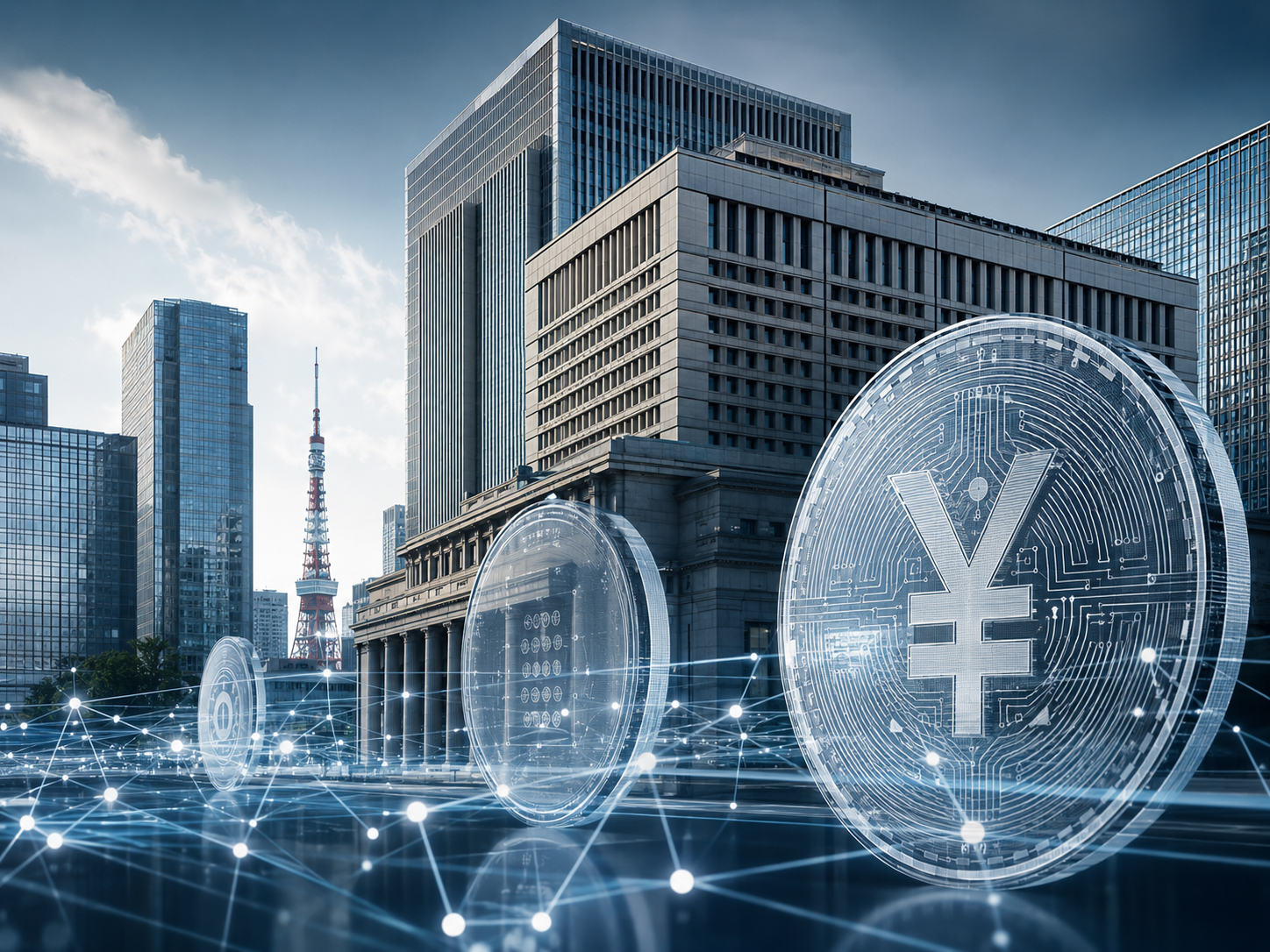 Editorial illustration of Tokyo banking towers, digital coins, secure payment networks, and yen-based fintech.