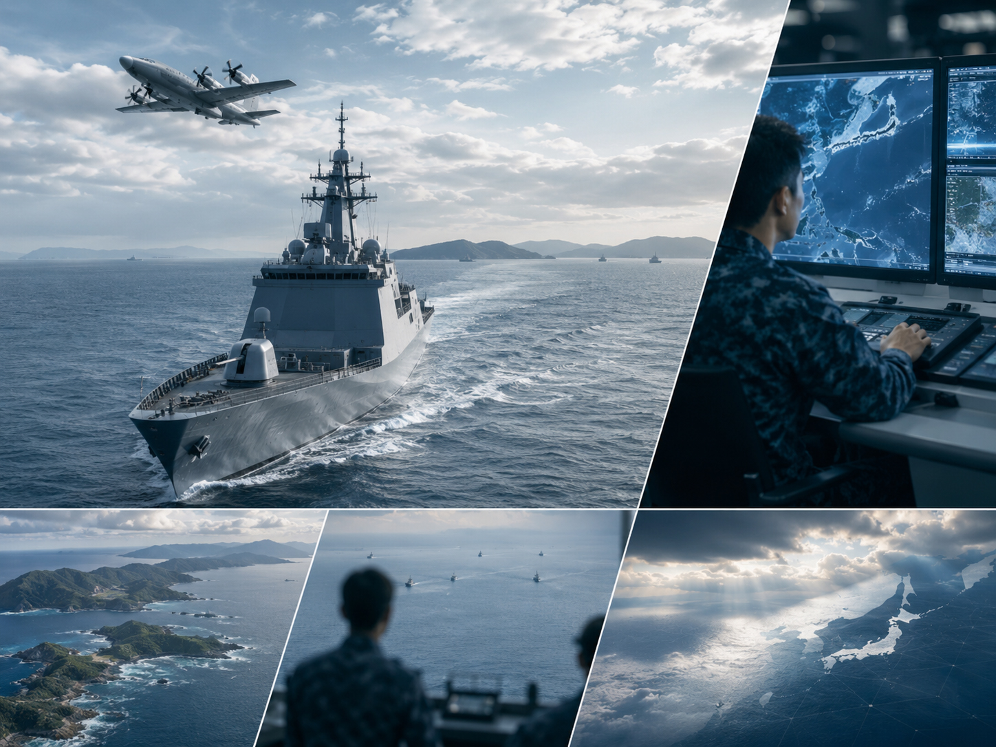 Editorial illustration of Japan’s maritime security role, naval vessels, aircraft, and Pacific map overlays.