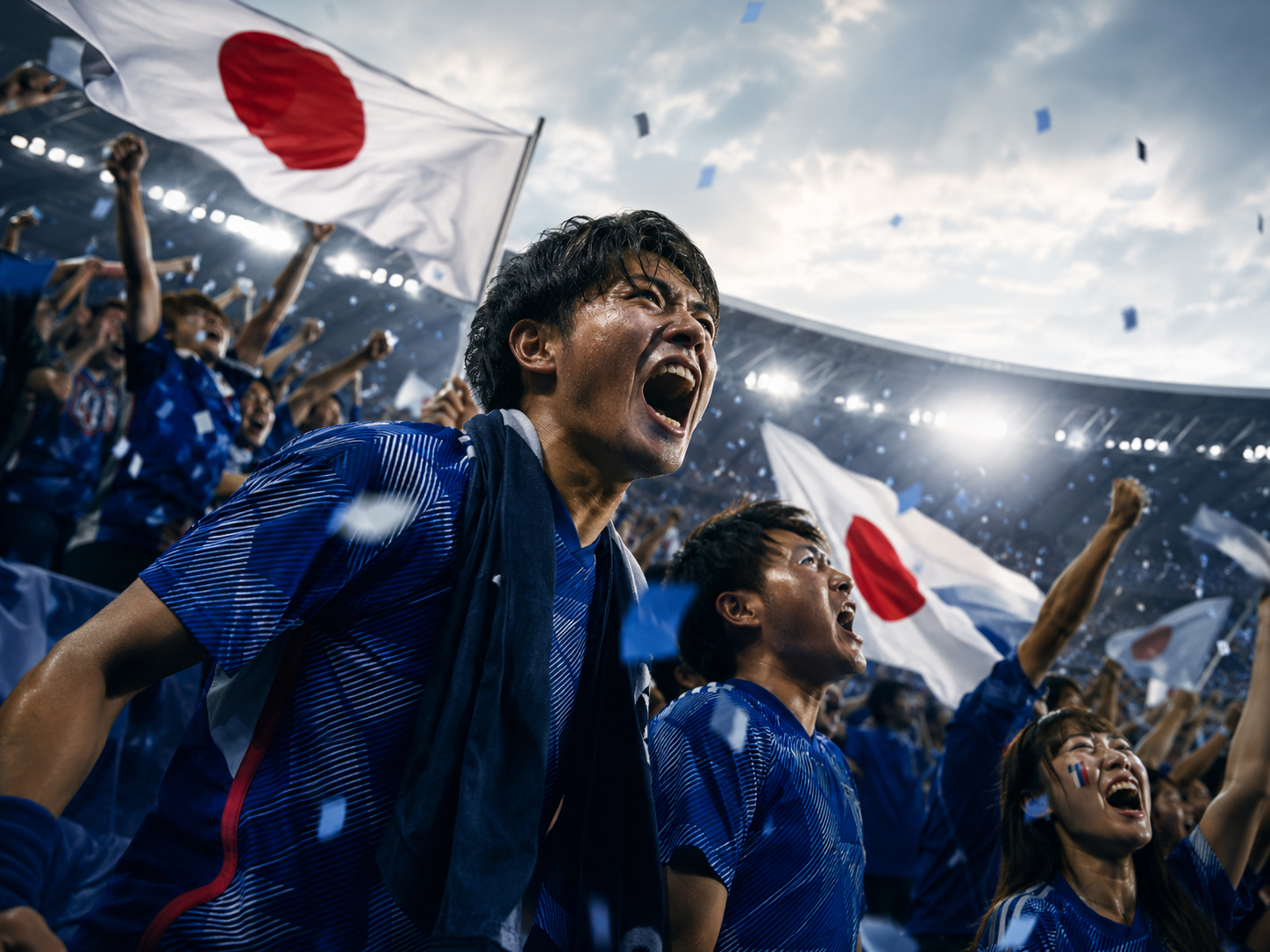 青いユニフォームの日本サッカーファンがスタジアムで応援するJapan.co.jpのイラスト。