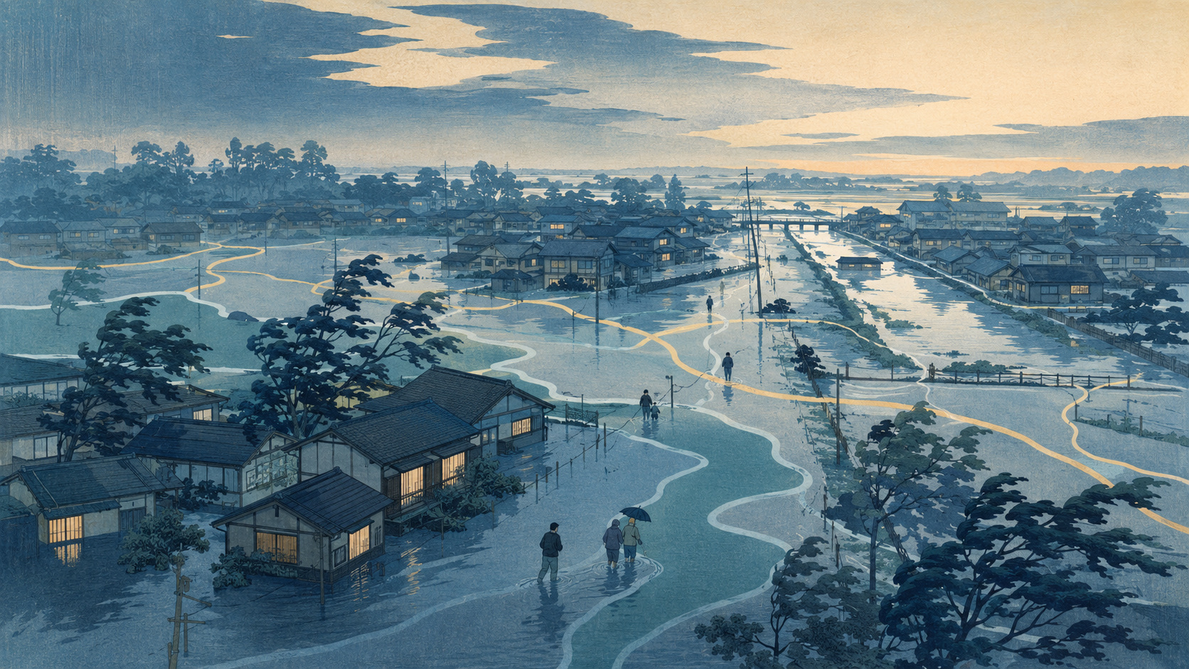 Editorial woodblock view of floodwater spreading beyond mapped boundaries