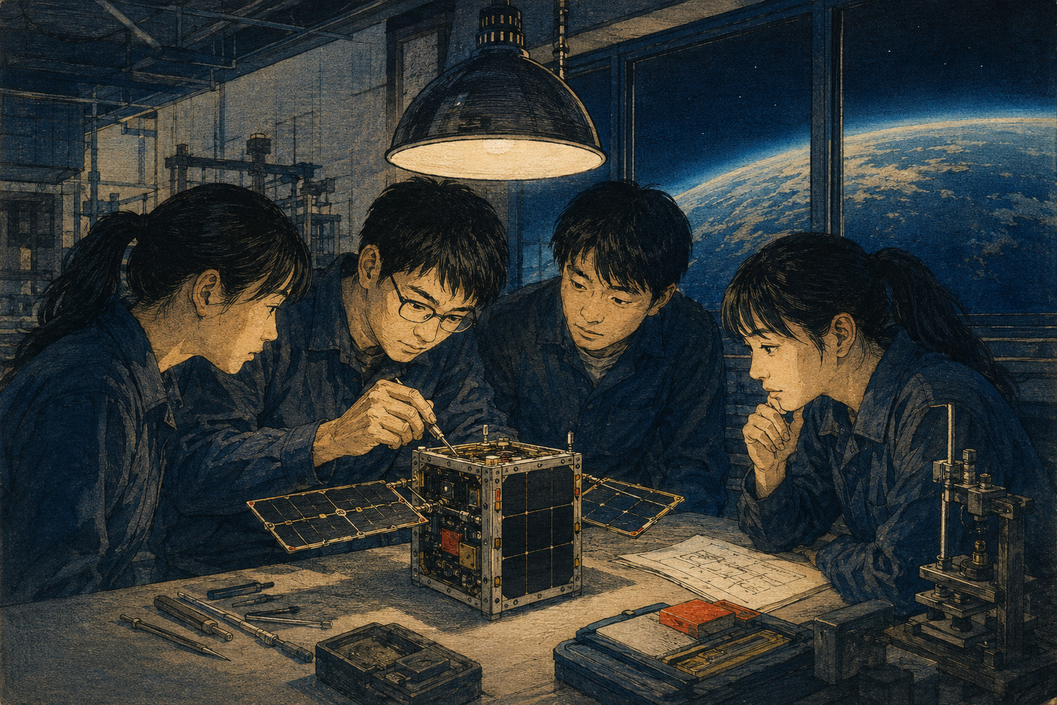 Editorial illustration of university students inspecting a compact satellite in a workshop