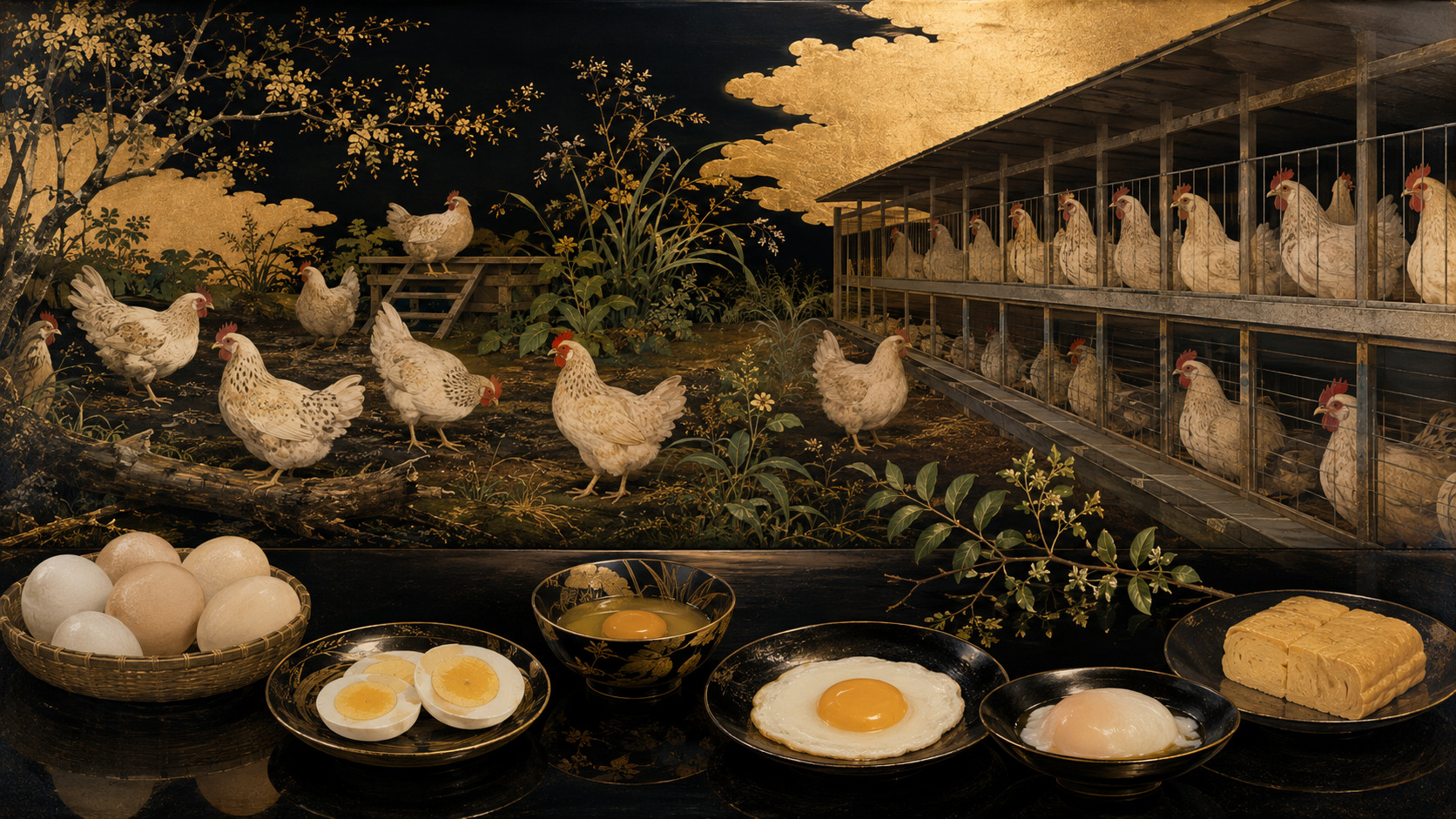 Shibata Zeshin-inspired editorial illustration contrasting cage-free and caged hens with prepared eggs