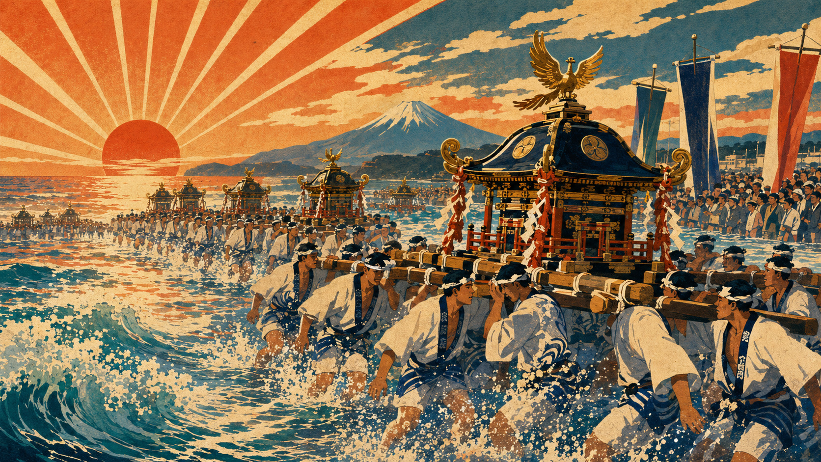 茅ヶ崎の夜明けの海へ進む浜降祭の神輿