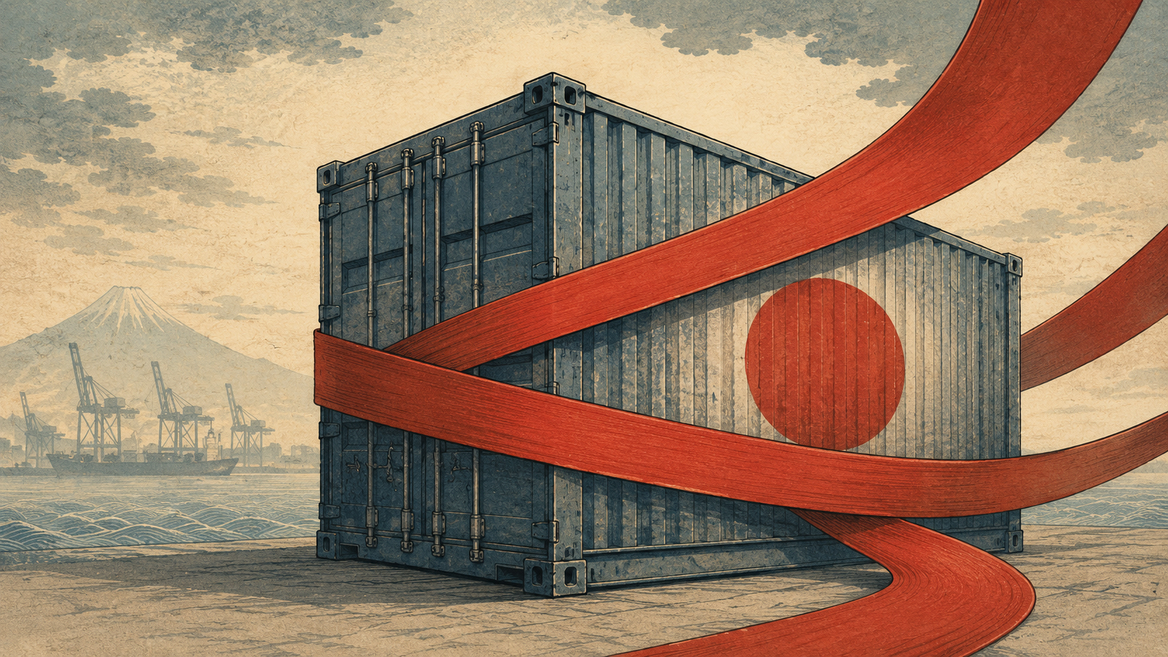 A Japanese export container bound by red control ribbons, symbolizing China’s export-control pressure.