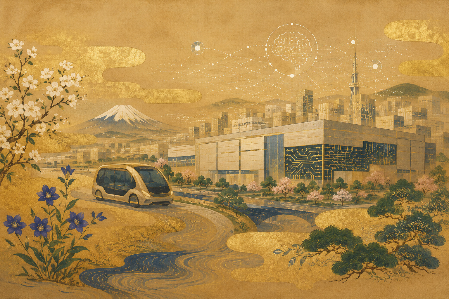 Editorial illustration of Chitose combining a semiconductor fab, AI networks, autonomous mobility and city infrastructure in a gold-ground Japanese decorative style