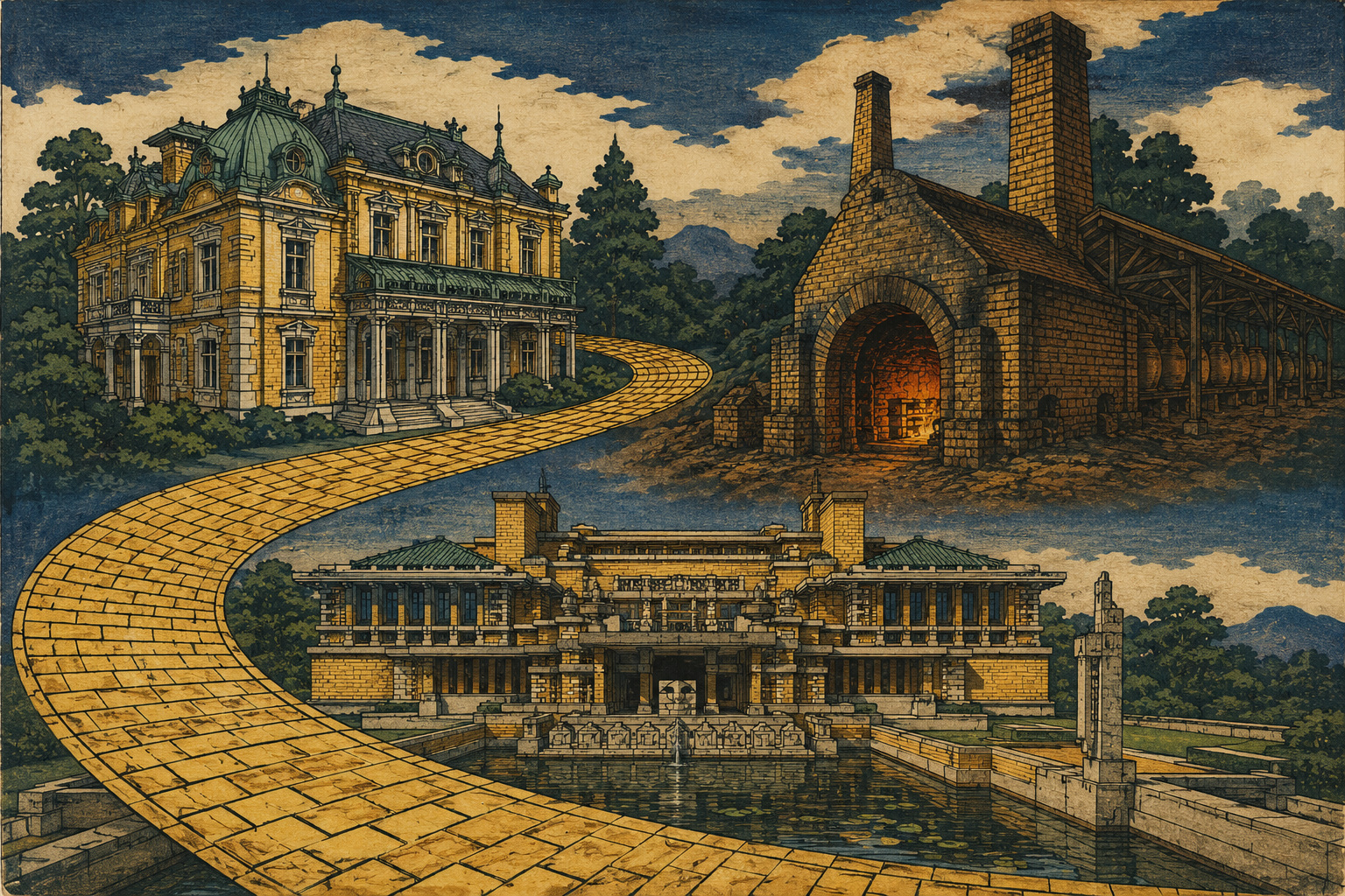 A conceptual yellow-brick path linking Chourakukan, a Tokoname kiln and Frank Lloyd Wright’s Imperial Hotel