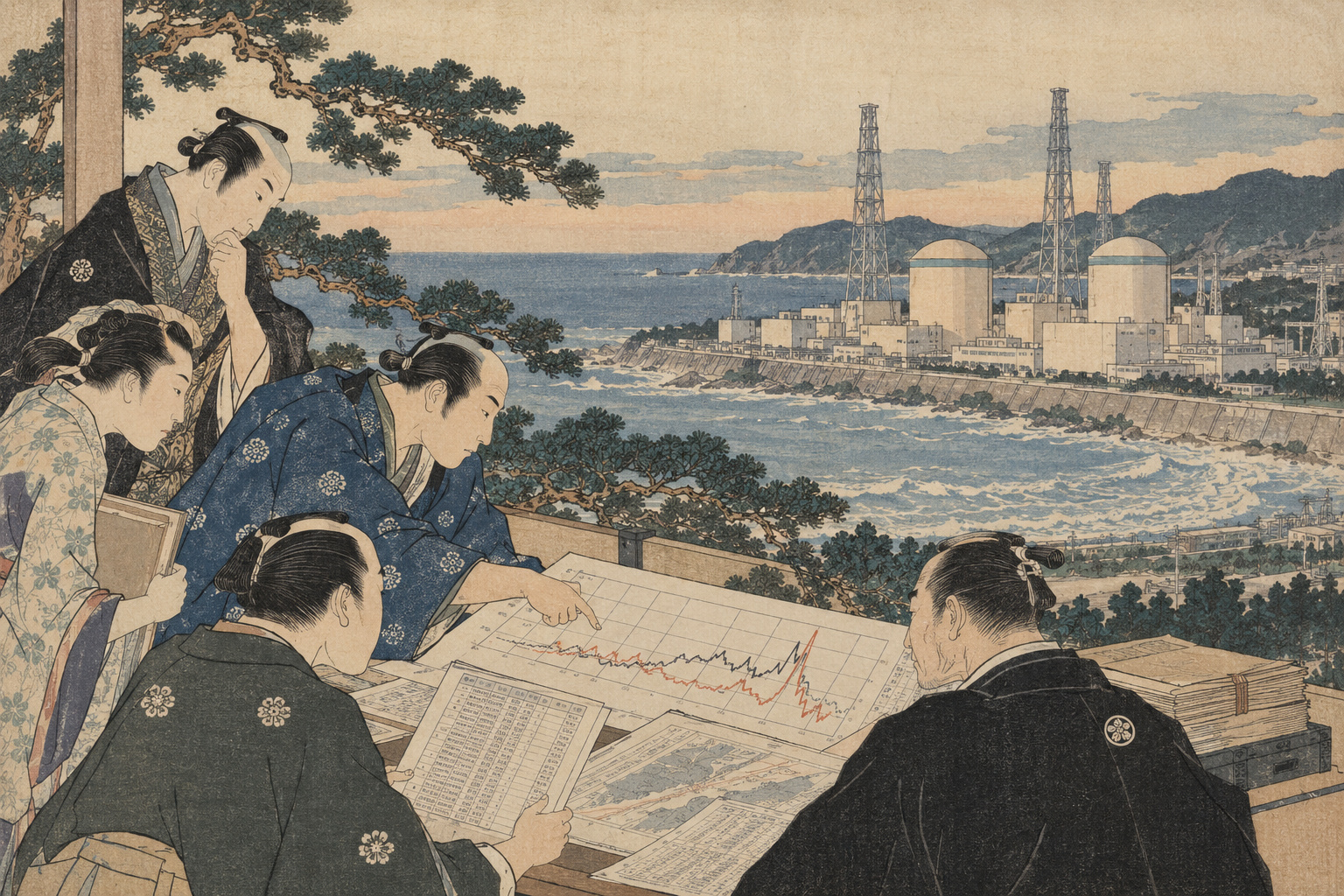 Kubo Shunman-inspired editorial illustration symbolizing Hamaoka nuclear plant and seismic-data controversy