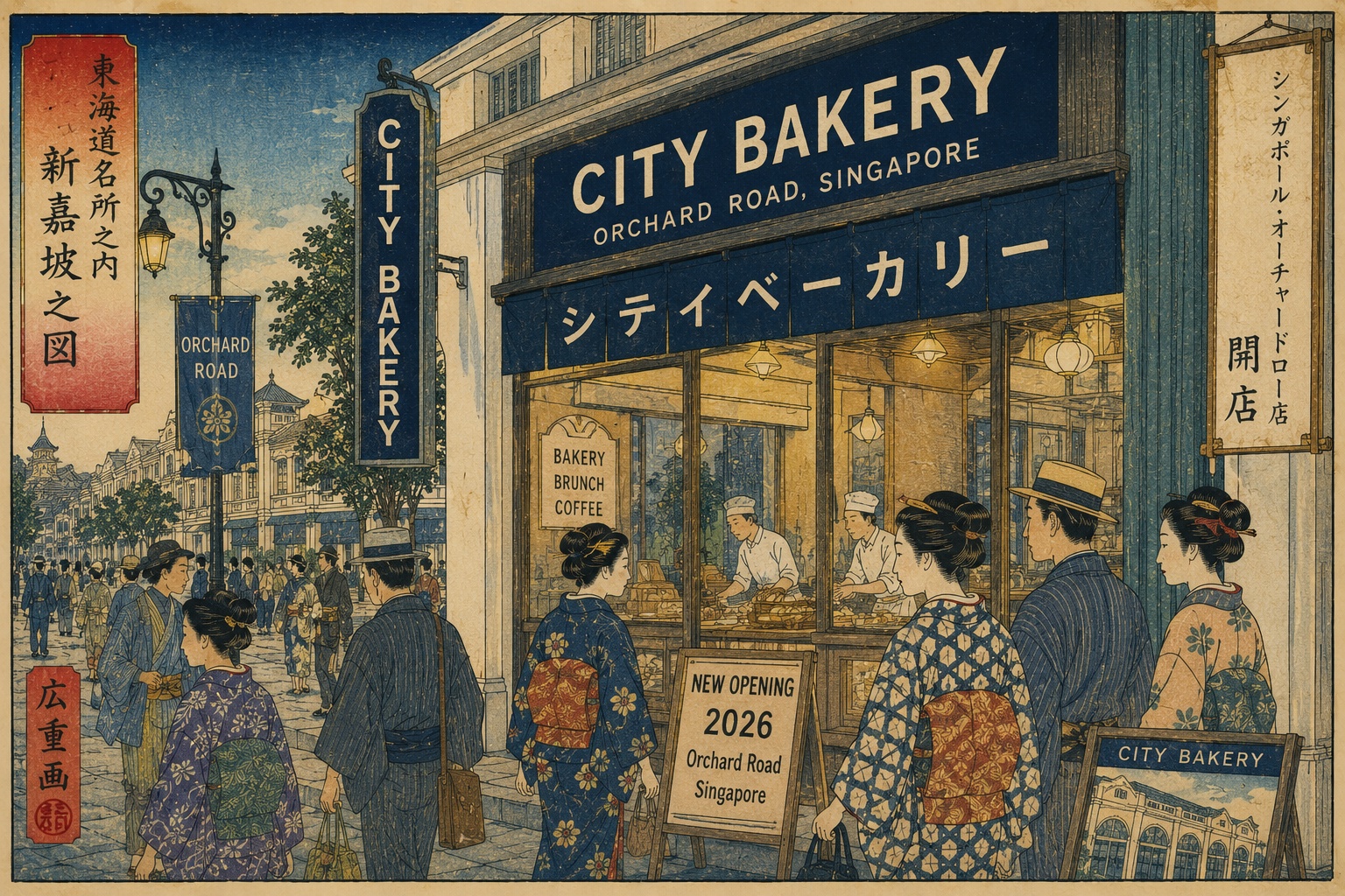 オーチャードロードのTHE CITY BAKERYを、ニューヨーク、日本、シンガポールの食文化が交差する浮世絵風の都市景観として描いたイメージ。