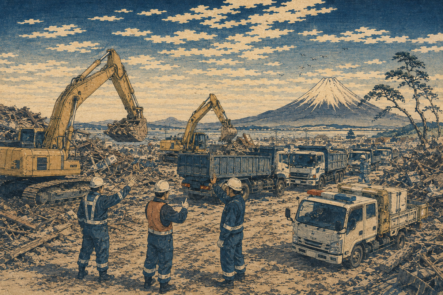 災害後の瓦礫地で油圧ショベル、ダンプトラック、作業員が道路啓開に当たる場面を北斎風に描いた編集イラスト