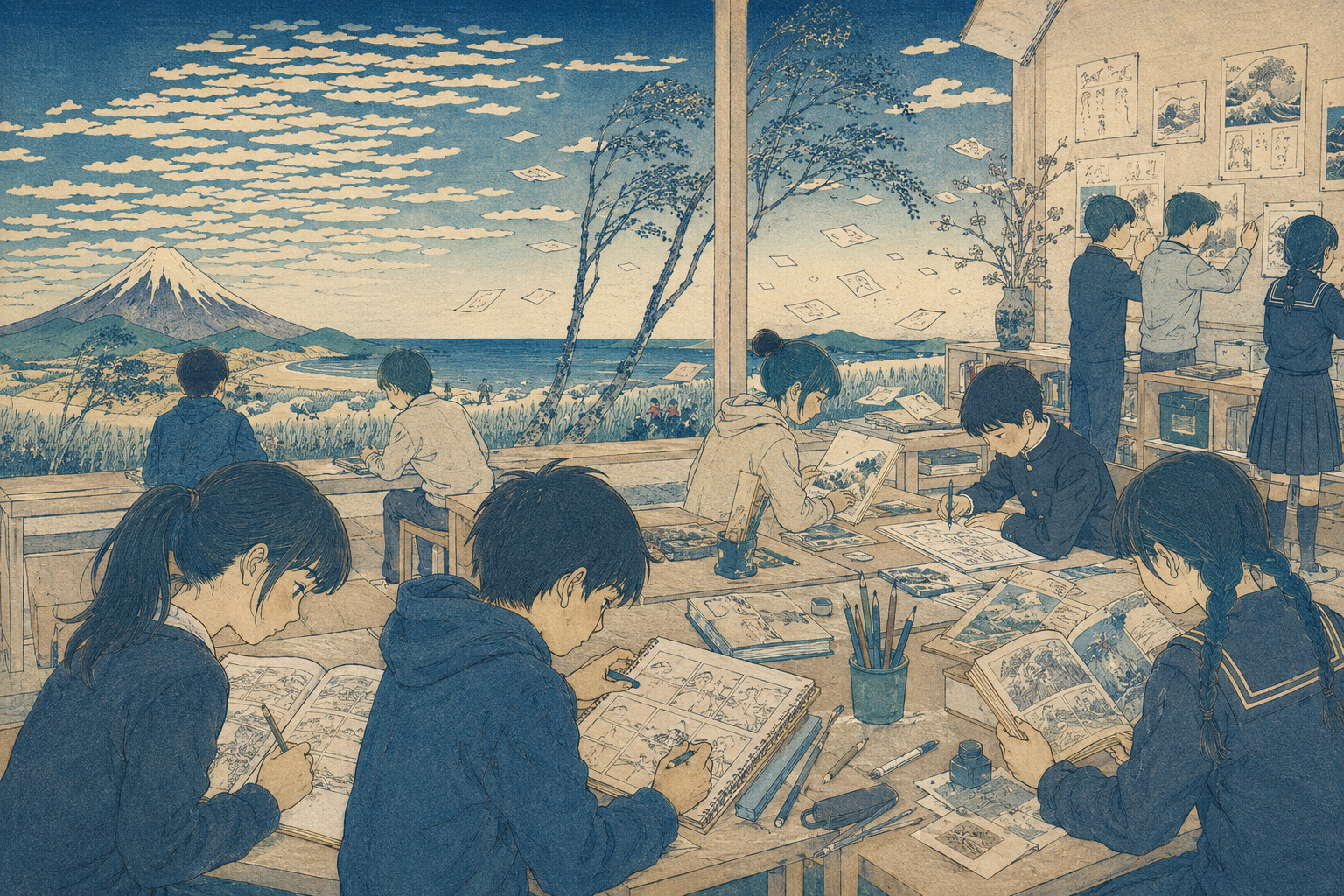 放課後の教室に置かれた漫画原稿用紙と鉛筆を描いた編集イラスト