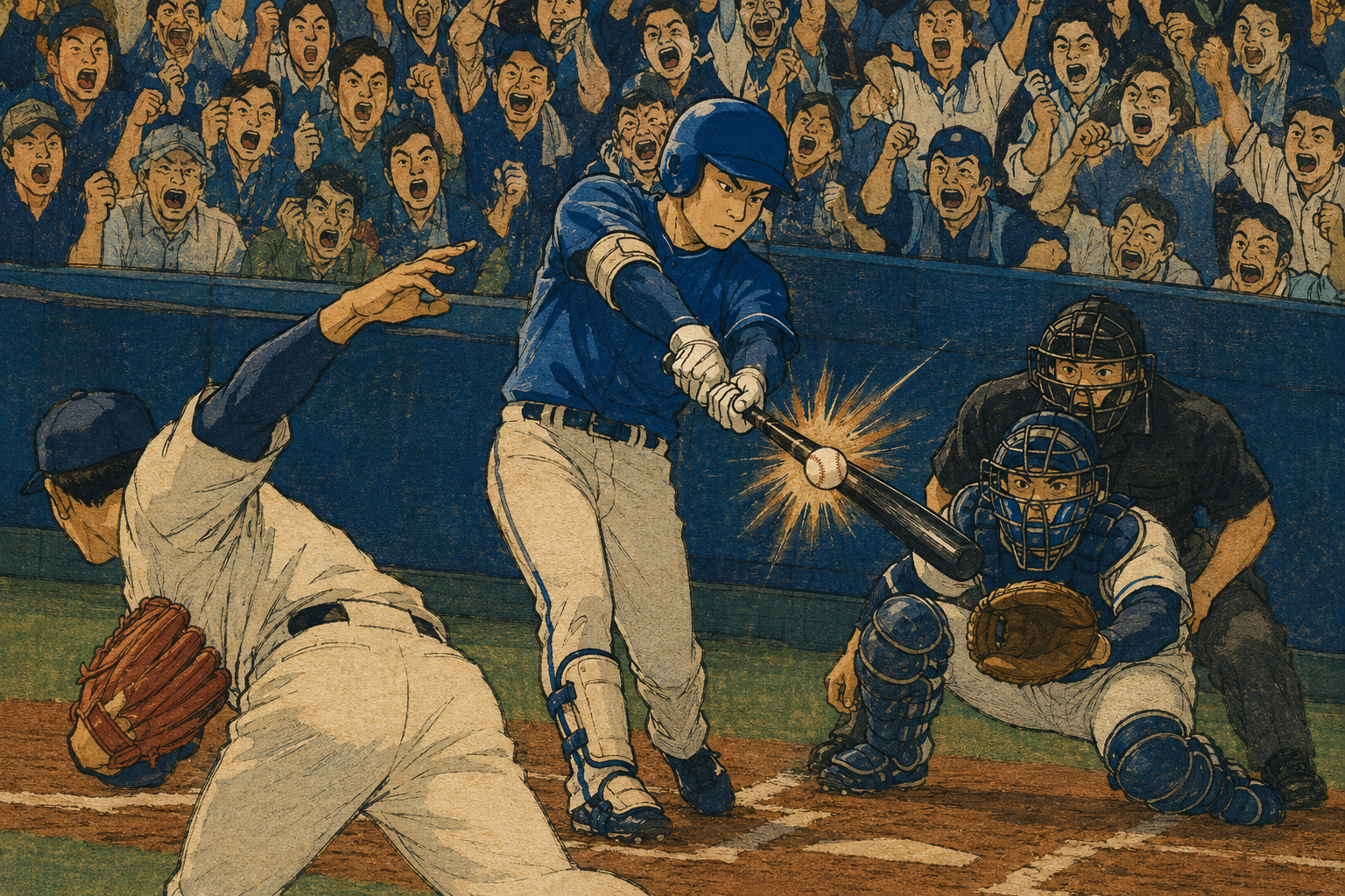 A symbolic editorial illustration of a Yokohama DeNA rookie hitting against a left-handed pitcher