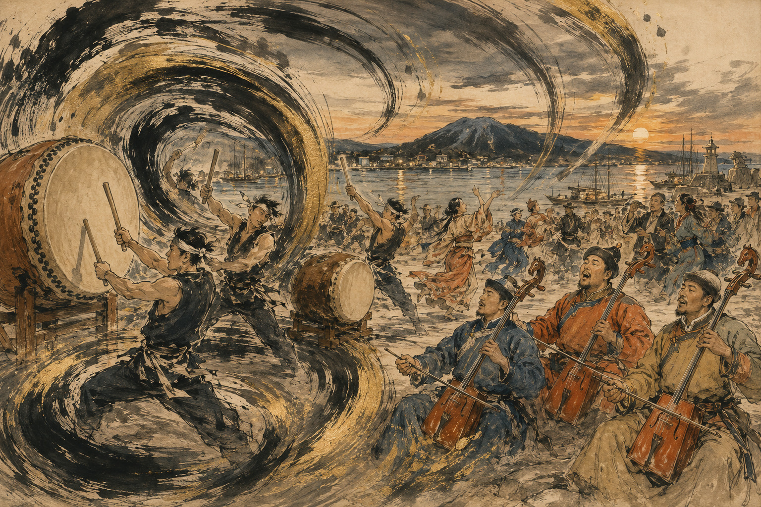 Kodo and international musicians performing beside Sado’s harbor