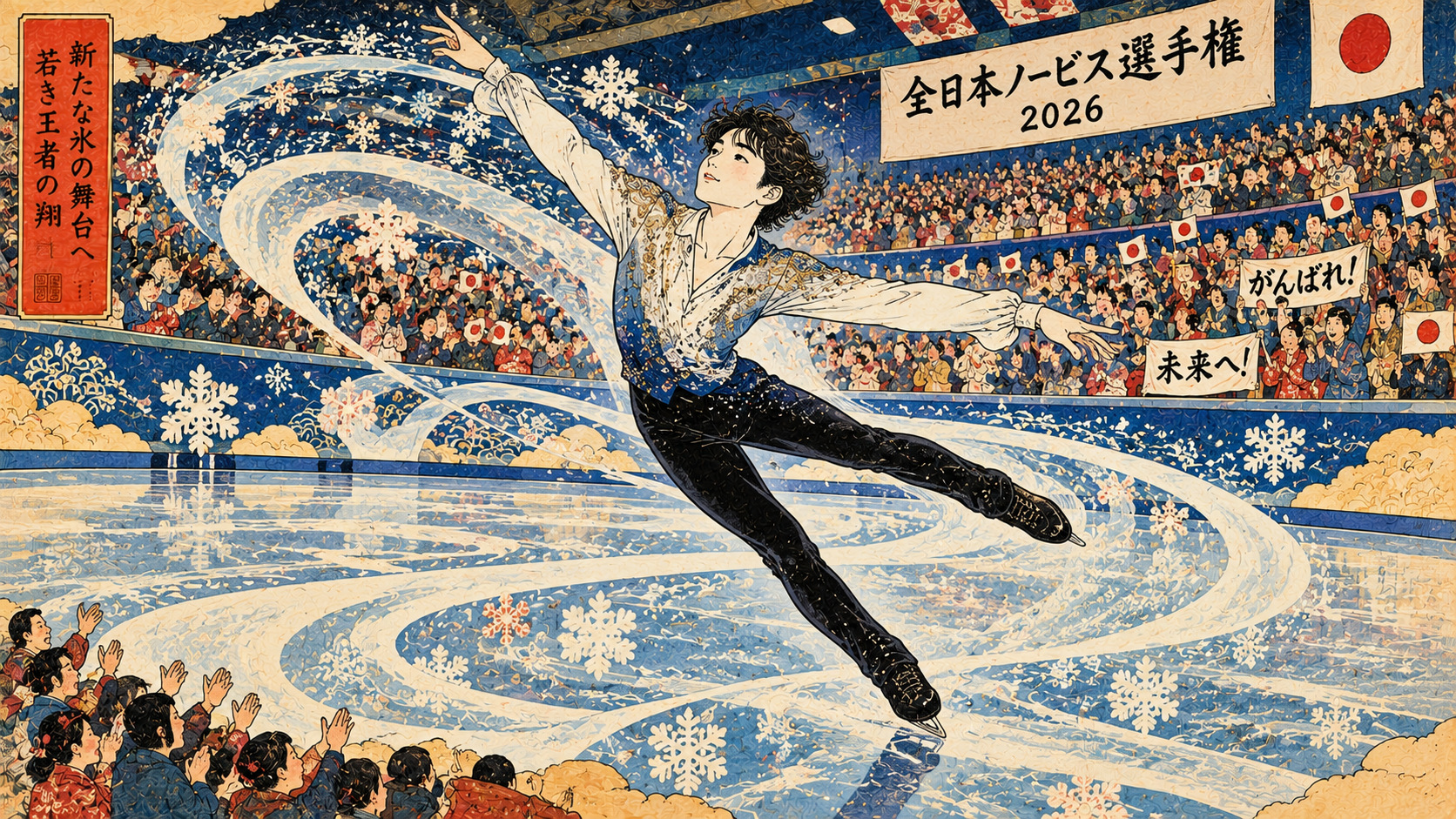 菊池英仁の全日本ノービス優勝に着想を得た歌川芳藤風のAI生成スポーツ画。本人の肖像写真ではない。