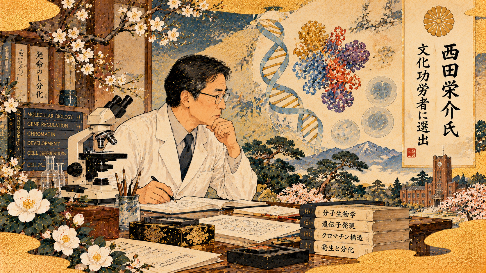 The Scientist Who Decoded the Cell’s Messages: Eisuke Nishida Honored — AI-generated editorial illustration inspired by Kawanabe Kyōsui
